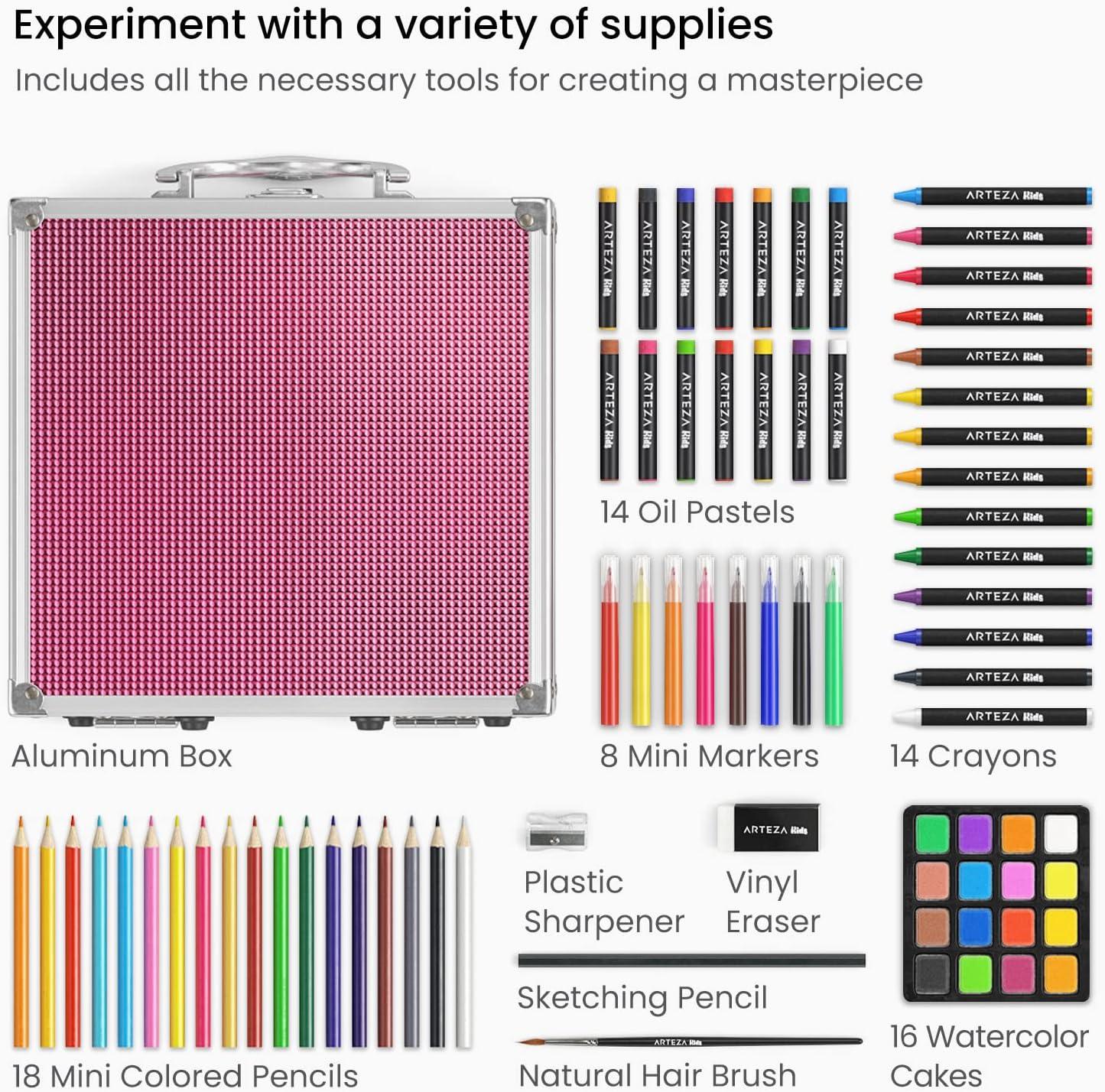 ARTEZA Kids Painting & Drawing Kit, 75-Piece Bundle, 18 Mini Colored Pencils, 16 Watercolor Paints, 14 Oil Pastels, 14 Crayons