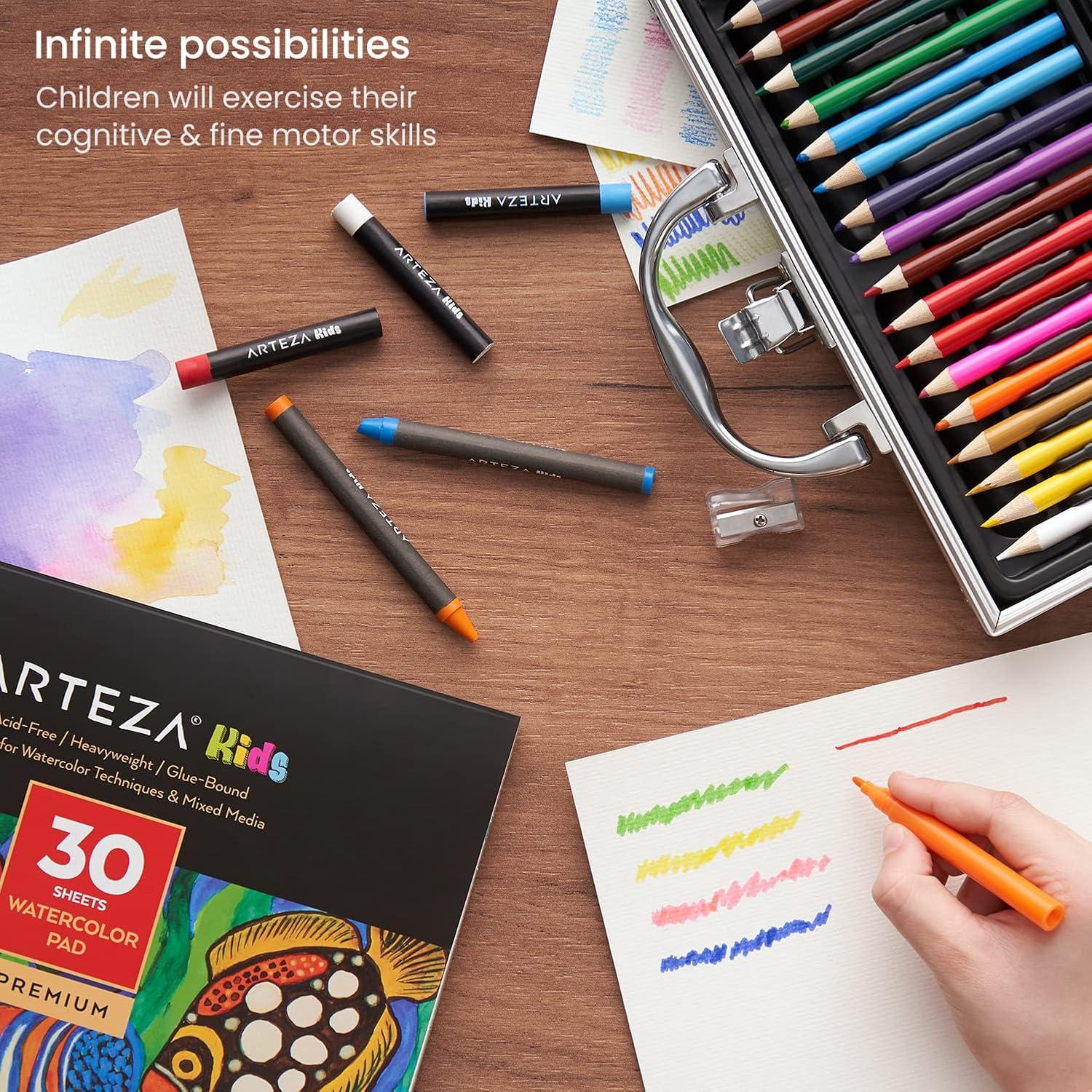 ARTEZA Kids Painting & Drawing Kit, 75-Piece Bundle, 18 Mini Colored Pencils, 16 Watercolor Paints, 14 Oil Pastels, 14 Crayons