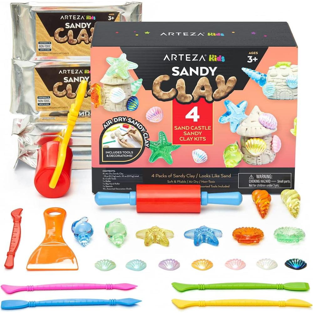 Arteza Kids Air-Dry Modeling Clay Kit, 6 x 8-oz Packs, 12 Sandy Clay Molds and 15 Assorted Sea-Life Beach Decorations, Soft, Pliable, Supplies for Kids’ Crafts and Sensory Play(Pack of 4)