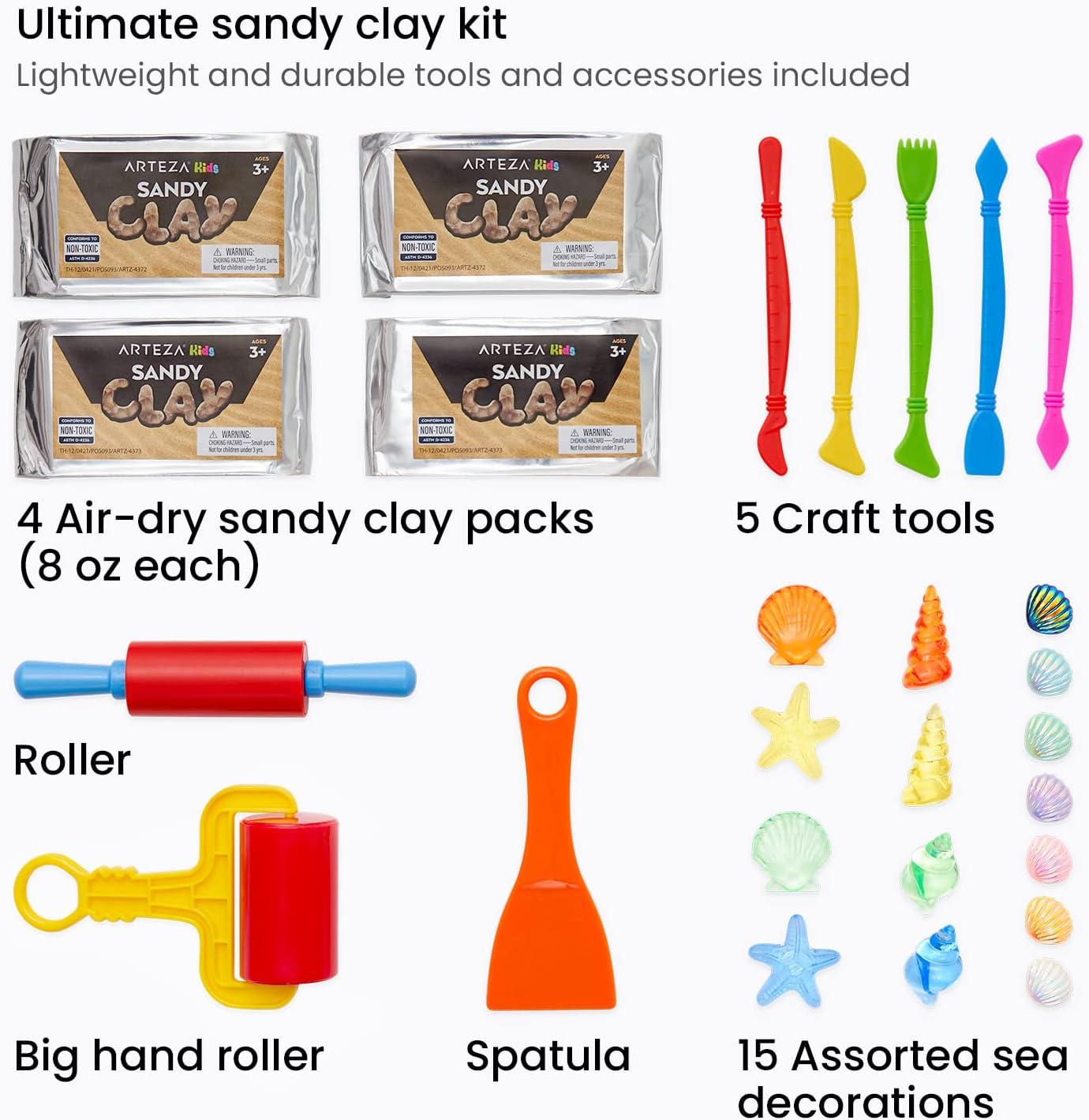 Arteza Kids Air-Dry Modeling Clay Kit, 6 x 8-oz Packs, 12 Sandy Clay Molds and 15 Assorted Sea-Life Beach Decorations, Soft, Pliable, Supplies for Kids’ Crafts and Sensory Play(Pack of 4)