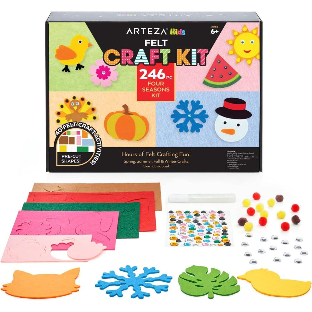 Arteza Kids Felt Kit, 422 Pieces, 21 Pre-Cut Glitter & Glitz Shapes, Assorted Felt Sheets, Glitter Mini-Pieces, Chenille Stems, and Accessories, Educational Kids’ Craft Supplies to Inspire Creativity(246 Pieces)