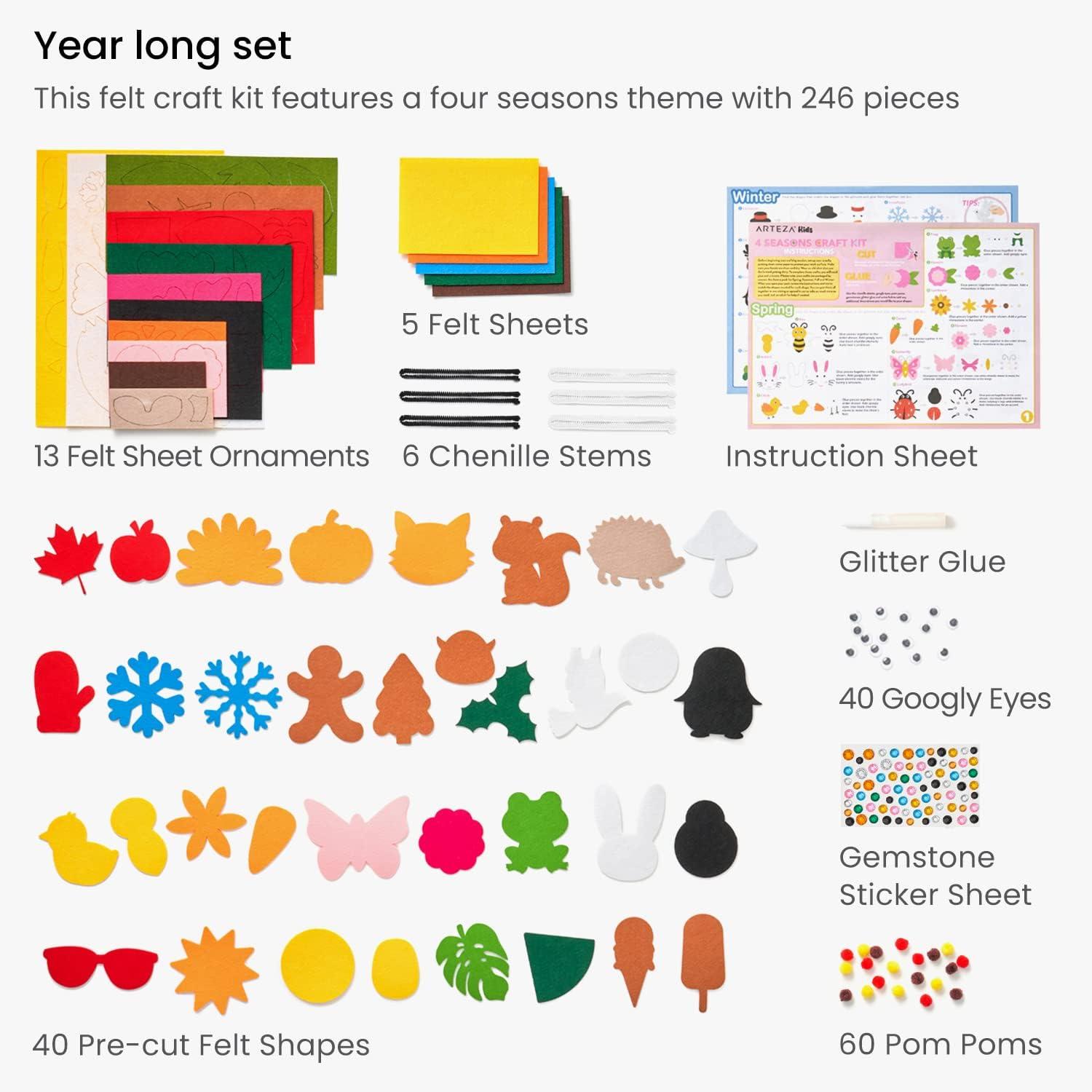 Arteza Kids Felt Kit, 422 Pieces, 21 Pre-Cut Glitter & Glitz Shapes, Assorted Felt Sheets, Glitter Mini-Pieces, Chenille Stems, and Accessories, Educational Kids’ Craft Supplies to Inspire Creativity(246 Pieces)