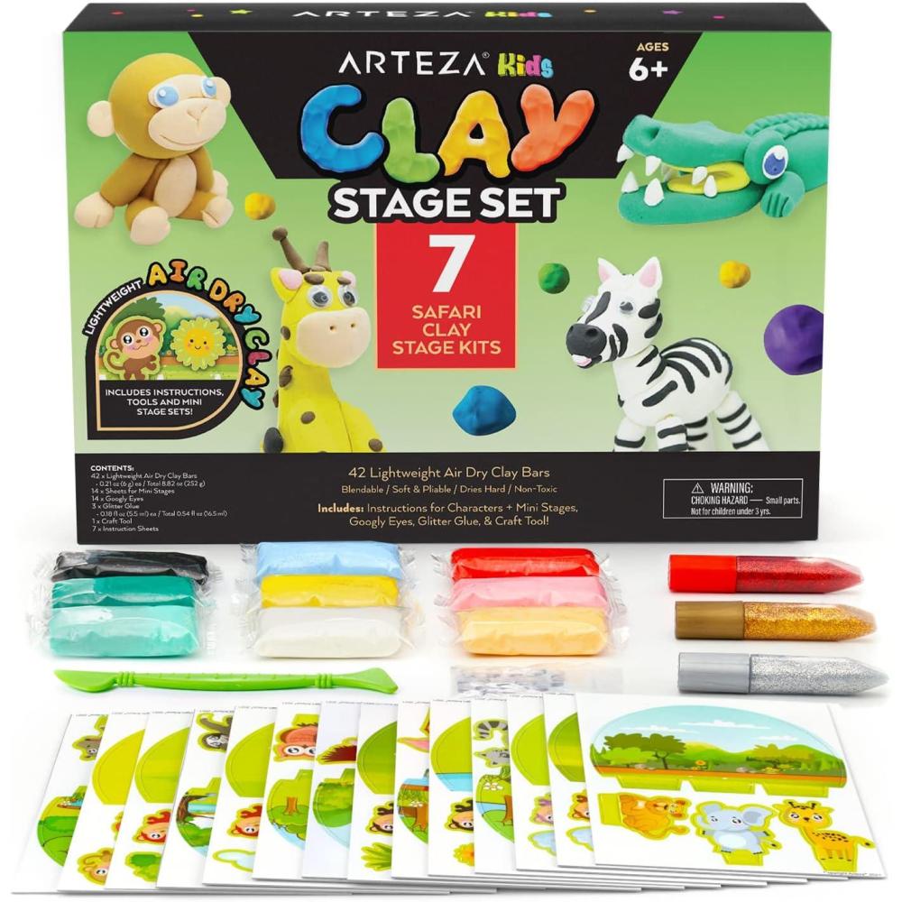 Arteza Kids Air Dry Clay, 42 Bars, Safari Stage Modeling Clay Kit, 14 Mini-Stages, 14 Googly Eyes, 3 Glitter Glues, 1 Craft Tool, 7 Instruction Sheets, Craft Supplies for Learning and Developing(Small Safari)