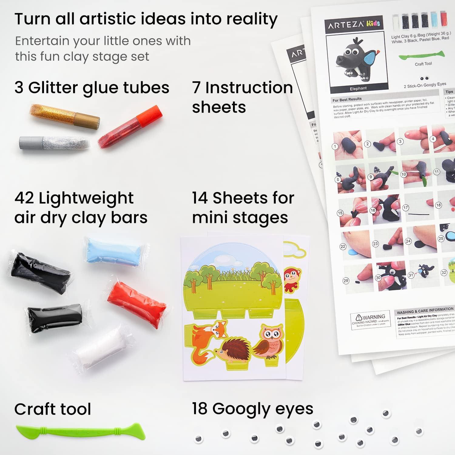 Arteza Kids Air Dry Clay, 42 Bars, Safari Stage Modeling Clay Kit, 14 Mini-Stages, 14 Googly Eyes, 3 Glitter Glues, 1 Craft Tool, 7 Instruction Sheets, Craft Supplies for Learning and Developing(Small Safari)