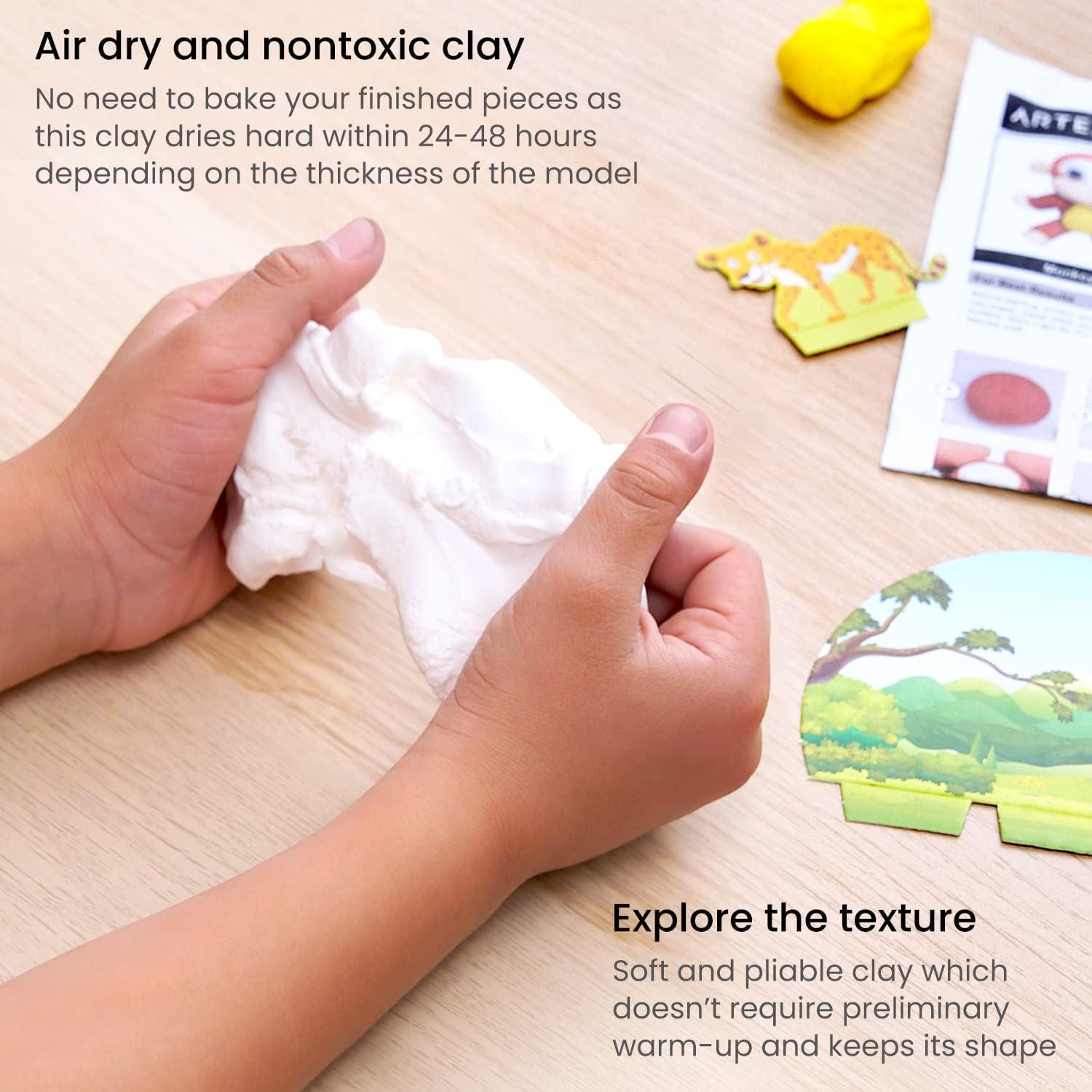 Arteza Kids Air Dry Clay, 42 Bars, Safari Stage Modeling Clay Kit, 14 Mini-Stages, 14 Googly Eyes, 3 Glitter Glues, 1 Craft Tool, 7 Instruction Sheets, Craft Supplies for Learning and Developing(Small Safari)