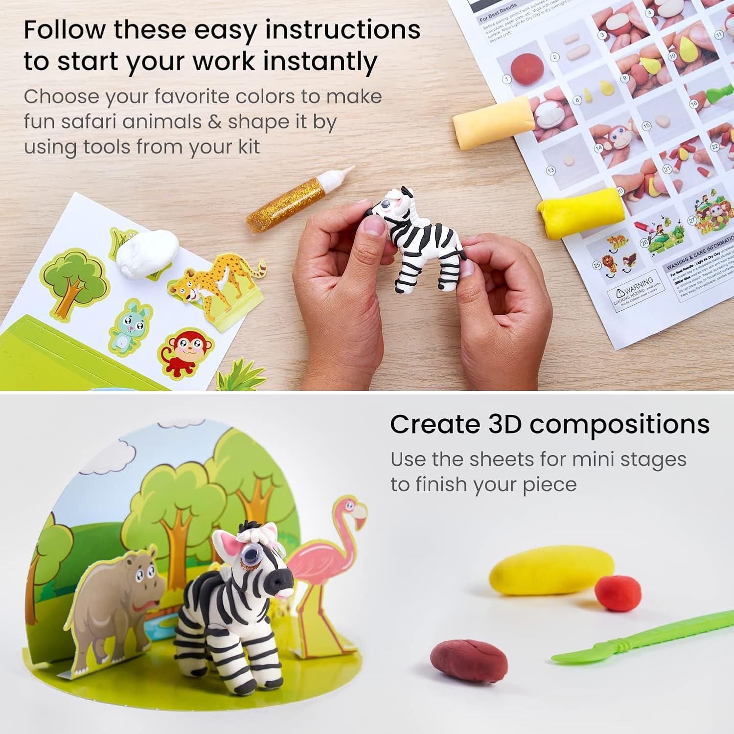 Arteza Kids Air Dry Clay, 42 Bars, Safari Stage Modeling Clay Kit, 14 Mini-Stages, 14 Googly Eyes, 3 Glitter Glues, 1 Craft Tool, 7 Instruction Sheets, Craft Supplies for Learning and Developing(Small Safari)