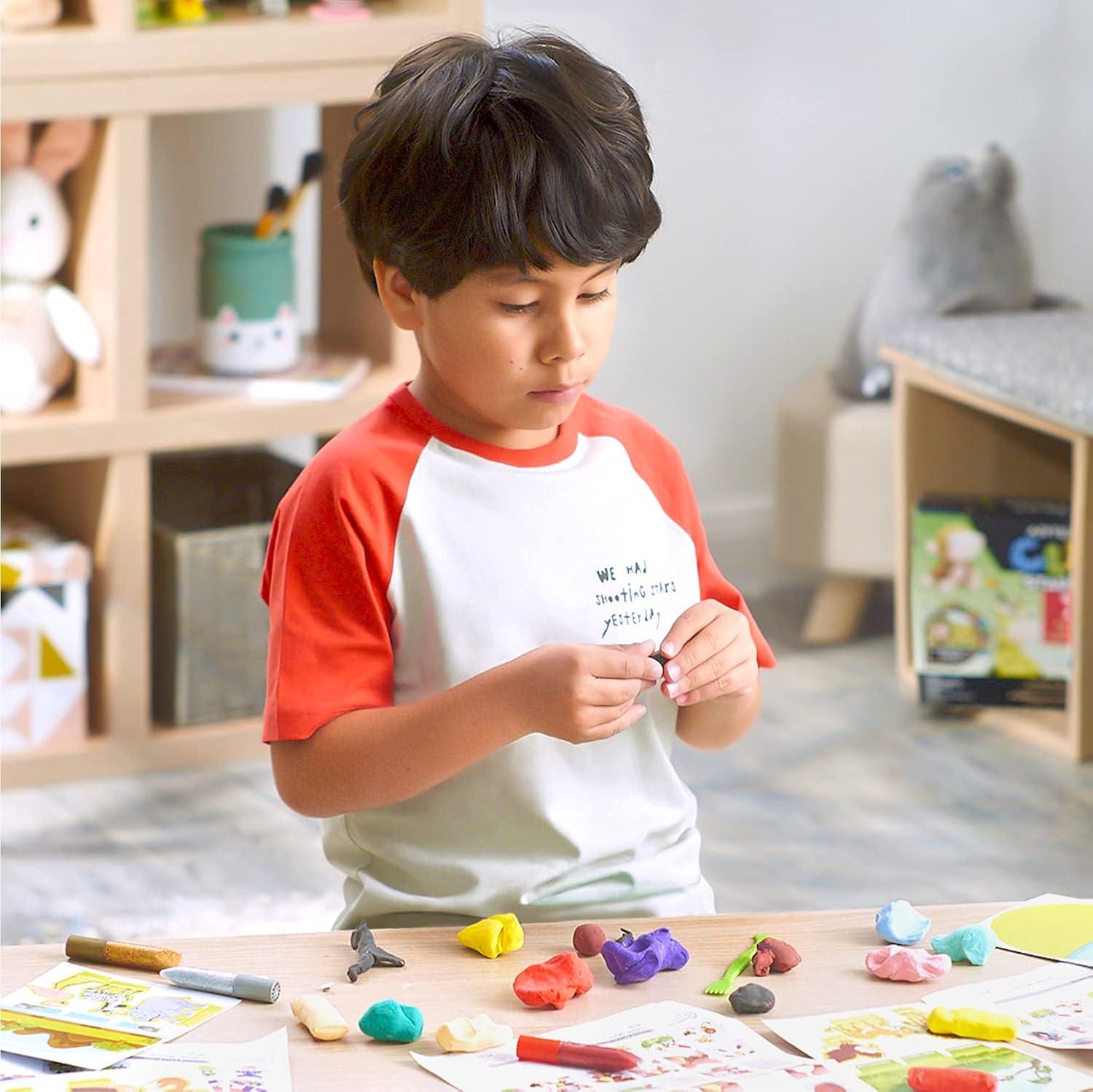 Arteza Kids Air Dry Clay, 42 Bars, Safari Stage Modeling Clay Kit, 14 Mini-Stages, 14 Googly Eyes, 3 Glitter Glues, 1 Craft Tool, 7 Instruction Sheets, Craft Supplies for Learning and Developing(Small Safari)