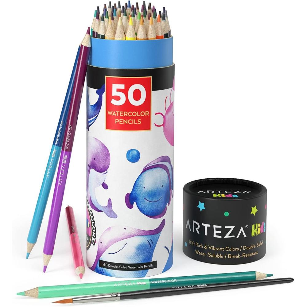 ARTEZA Scented Colored Pencils for Kids, 24 Triangle Pre-Sharpened Non-Toxic Smelly Pencils, for School Drawing, Arts & Crafts(Watercolor Double-Sided)