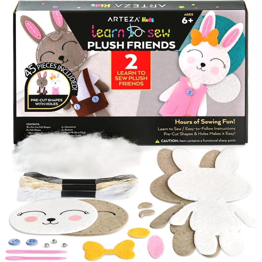 Arteza Kids Hand Sewing Kit, 6 Learn to Sew Accessory Bags, 90 Pieces, Pre-Cut Felt Shapes, Felt Sheets, Plastic Needles, Thread, Buttons, and Hook & Loop, Kids Craft Supplies with Instruction Guide(45 Pieces)