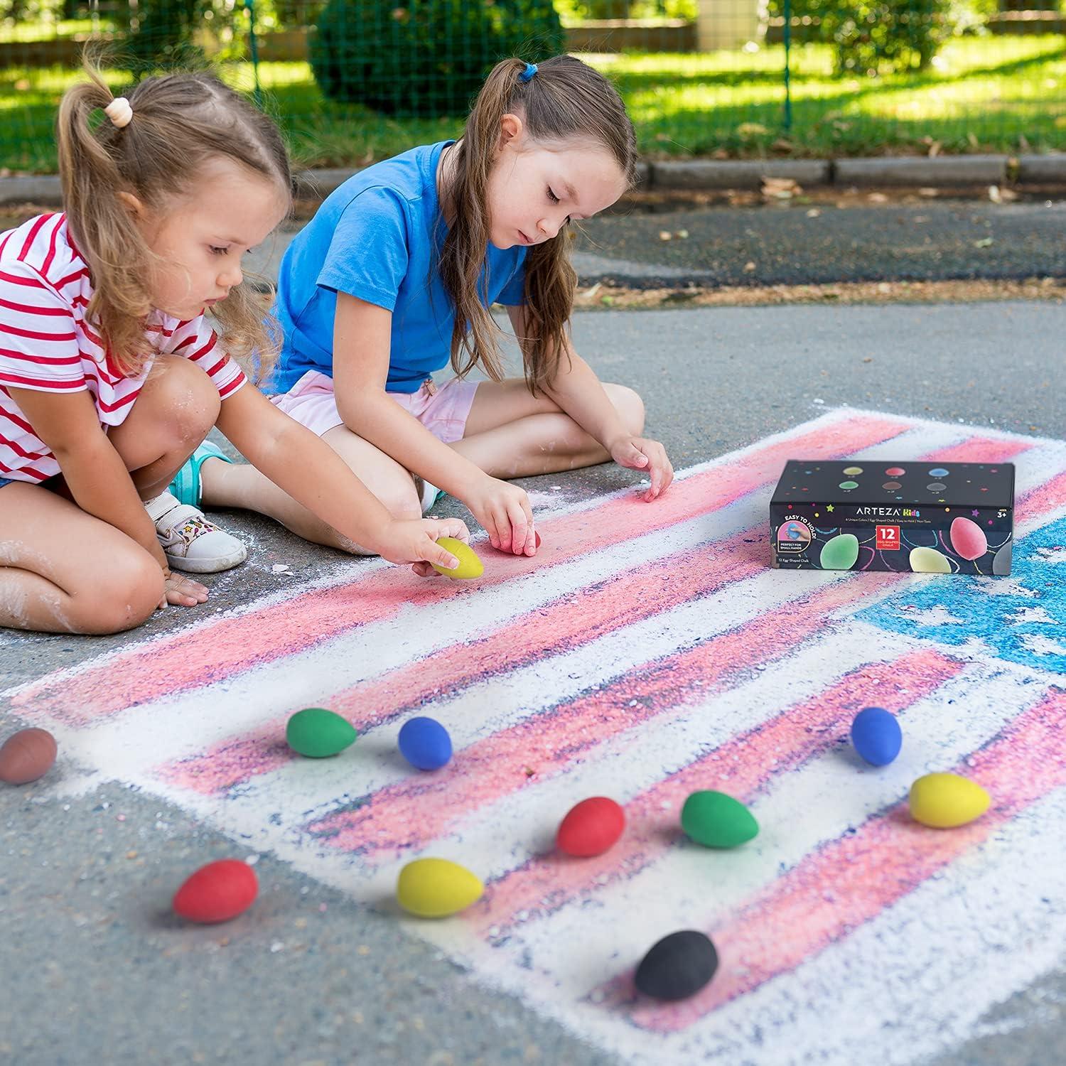 Arteza Kids Sidewalk Chalk and Stencil Set, 32 Pieces, Jumbo, Rocket, and Egg Chalks(Assorted Color)