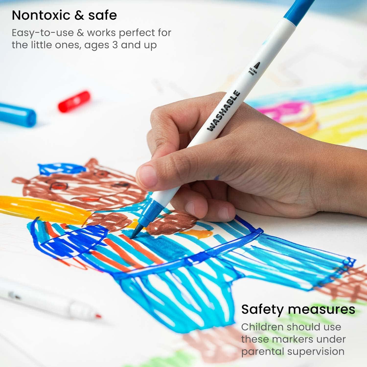 ARTEZA Kids Fine Tip Washable Markers, 42 Bright Colors, 36 Washable Marker Pens and 6 Non-Washable Neon Pens, School Supplies for Kids Ages 3 and Up(24 Dual Tip)
