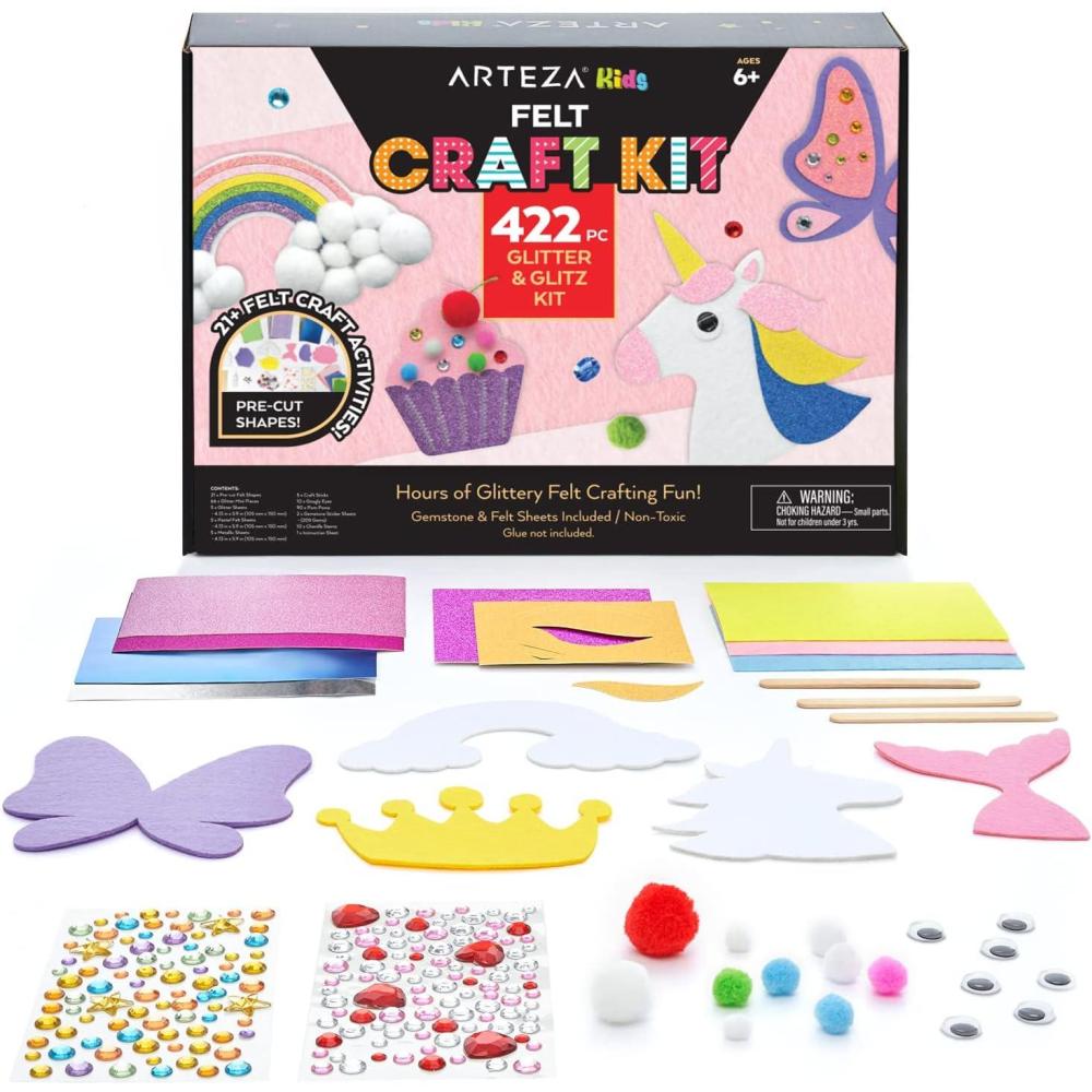 Arteza Kids Felt Kit, 422 Pieces, 21 Pre-Cut Glitter & Glitz Shapes, Assorted Felt Sheets, Glitter Mini-Pieces, Chenille Stems, and Accessories, Educational Kids’ Craft Supplies to Inspire Creativity(422 Pieces)