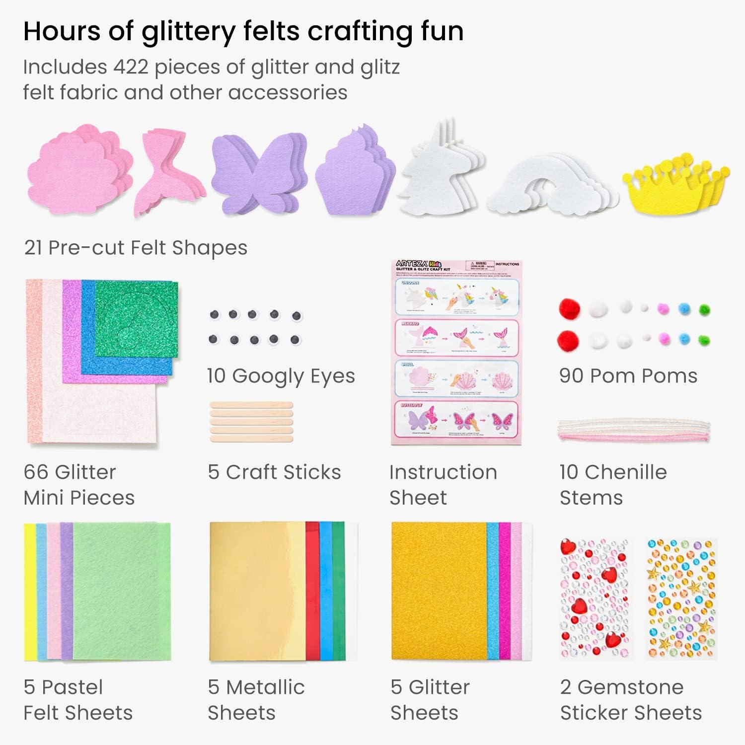 Arteza Kids Felt Kit, 422 Pieces, 21 Pre-Cut Glitter & Glitz Shapes, Assorted Felt Sheets, Glitter Mini-Pieces, Chenille Stems, and Accessories, Educational Kids’ Craft Supplies to Inspire Creativity(422 Pieces)