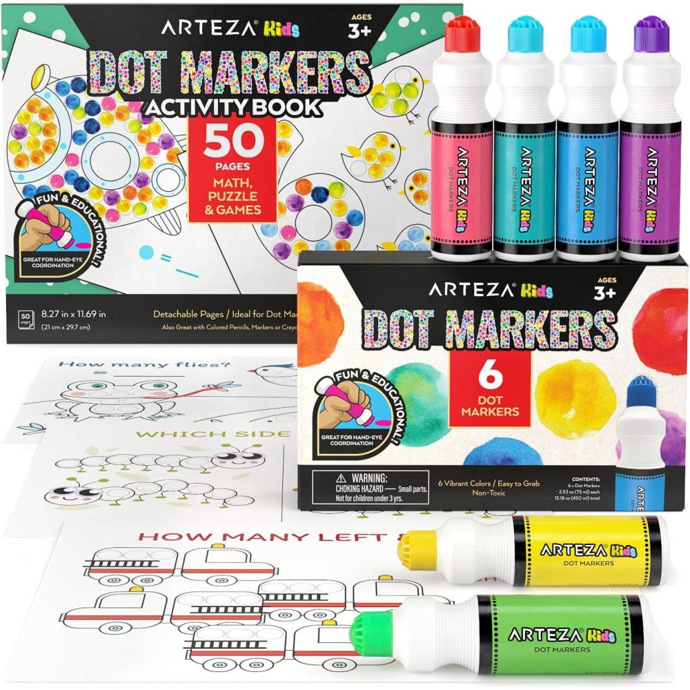 Arteza Kids Dot Markers with Activity Book, 6 Washable Bingo Daubers & 50-Page Book, Non-Toxic Art Supplies for Toddlers and Preschool Learning(Math  Puzzles & Games)