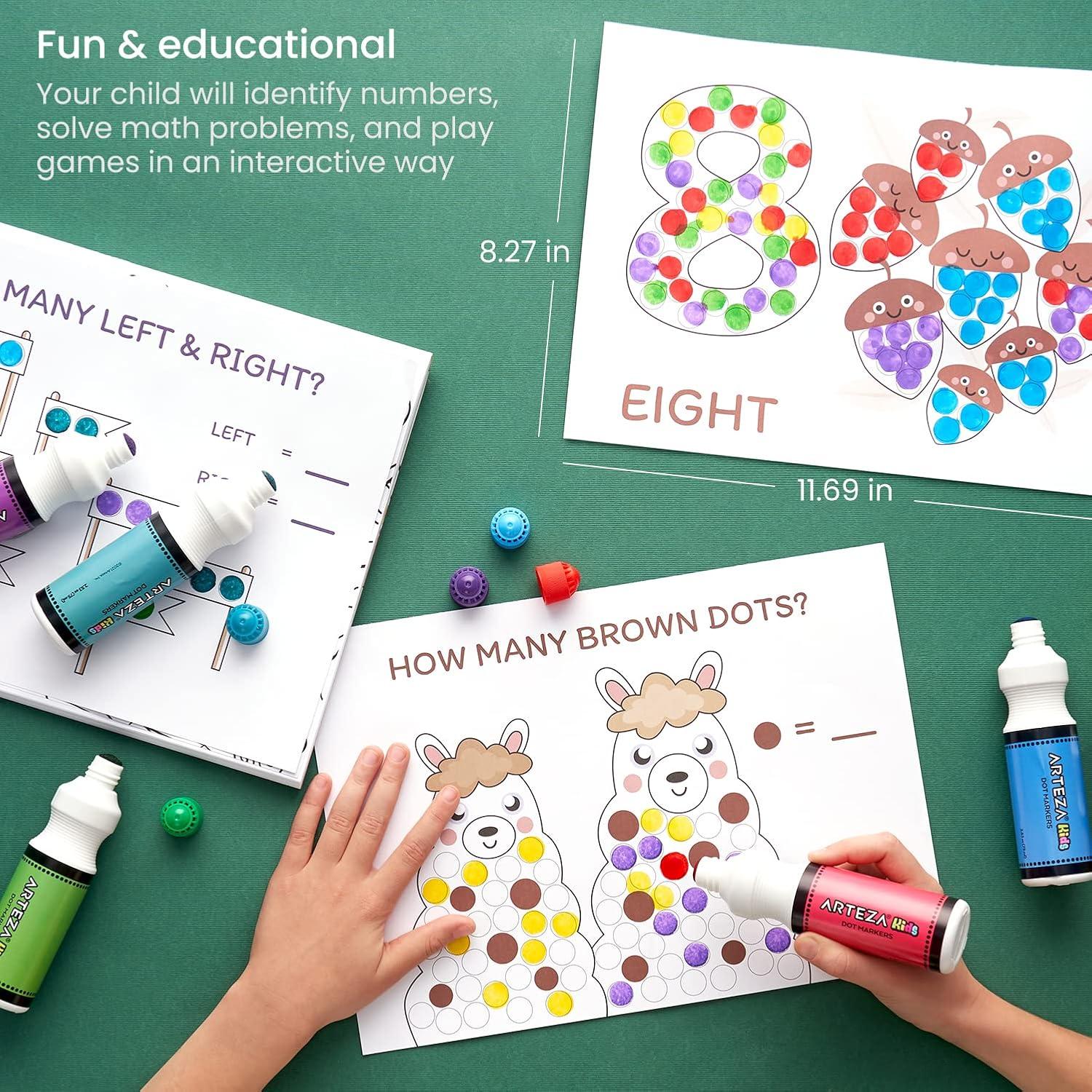 Arteza Kids Dot Markers with Activity Book, 6 Washable Bingo Daubers & 50-Page Book, Non-Toxic Art Supplies for Toddlers and Preschool Learning(Math  Puzzles & Games)