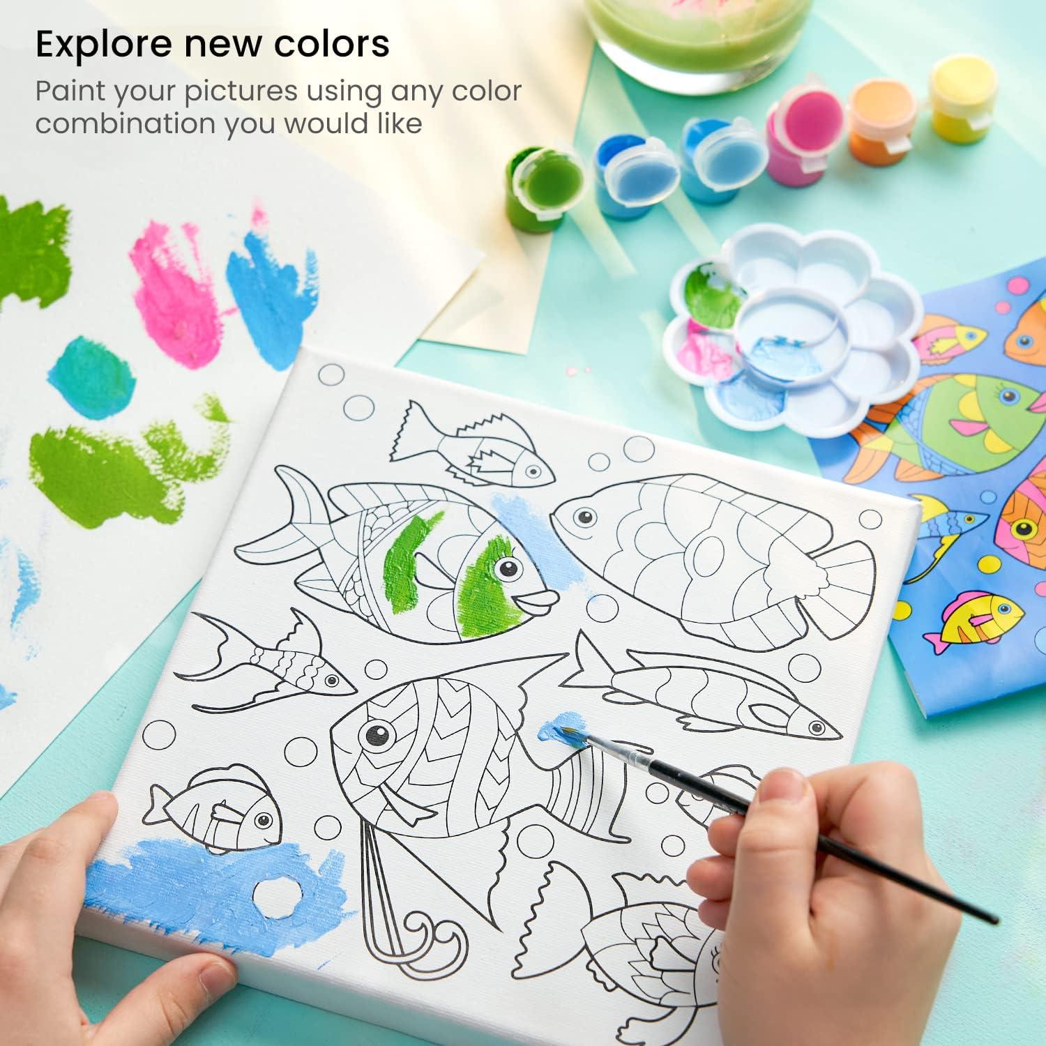 ARTEZA Animal-Themed Painting Set for Kids, 4 Pre-Sized 8×8 Inch Canvases, 24 Vibrant Acrylic Colors, 4 Brushes & Palettes, Creative Art Activities for Ages 6+(Ocean Scenes)