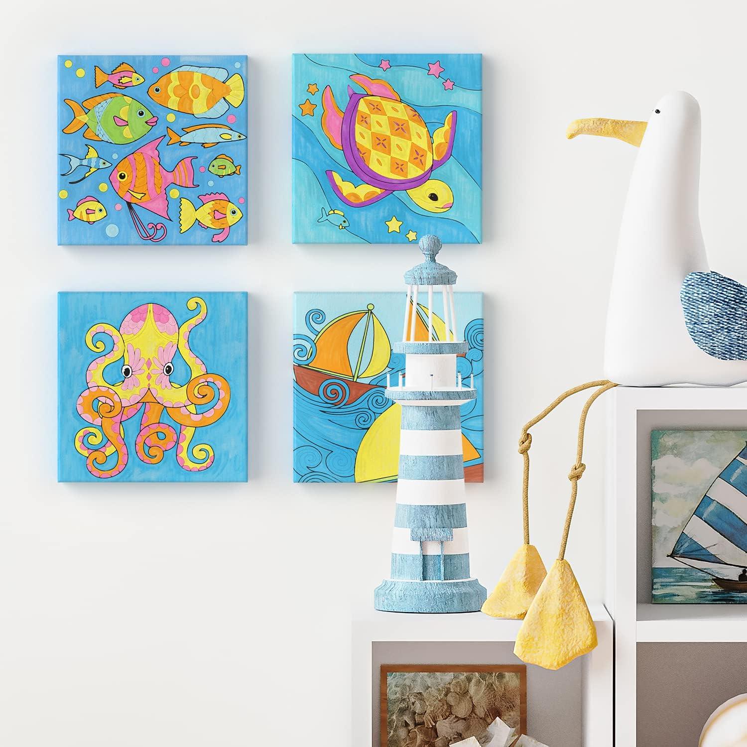ARTEZA Animal-Themed Painting Set for Kids, 4 Pre-Sized 8×8 Inch Canvases, 24 Vibrant Acrylic Colors, 4 Brushes & Palettes, Creative Art Activities for Ages 6+(Ocean Scenes)
