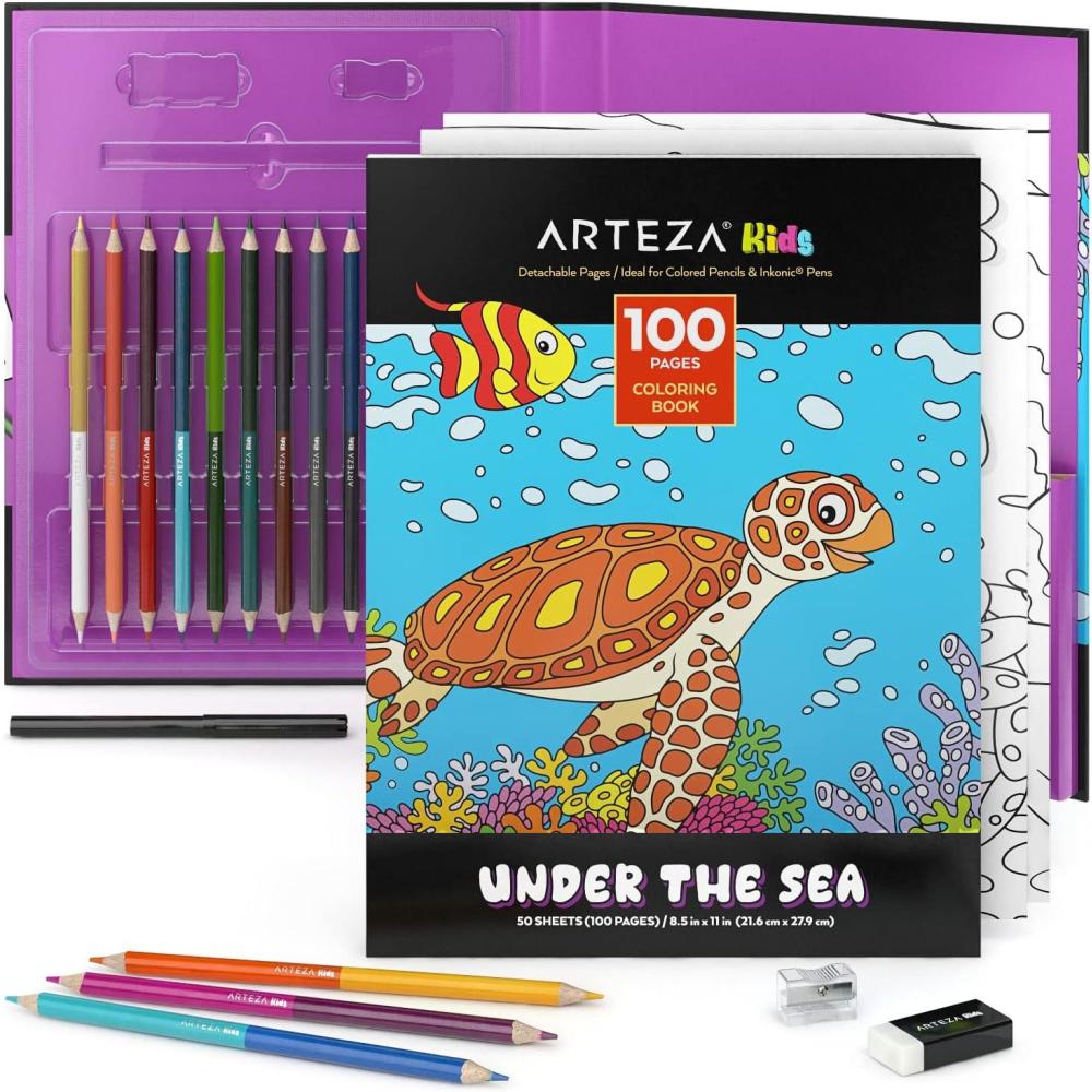 ARTEZA Kids Coloring Book and Colored Pencils Kit, 8.5×11 Inches, Sea Creature Illustrations, 50 Double-Sided Coloring Sheets, 100-lb Paper(Water Animals)