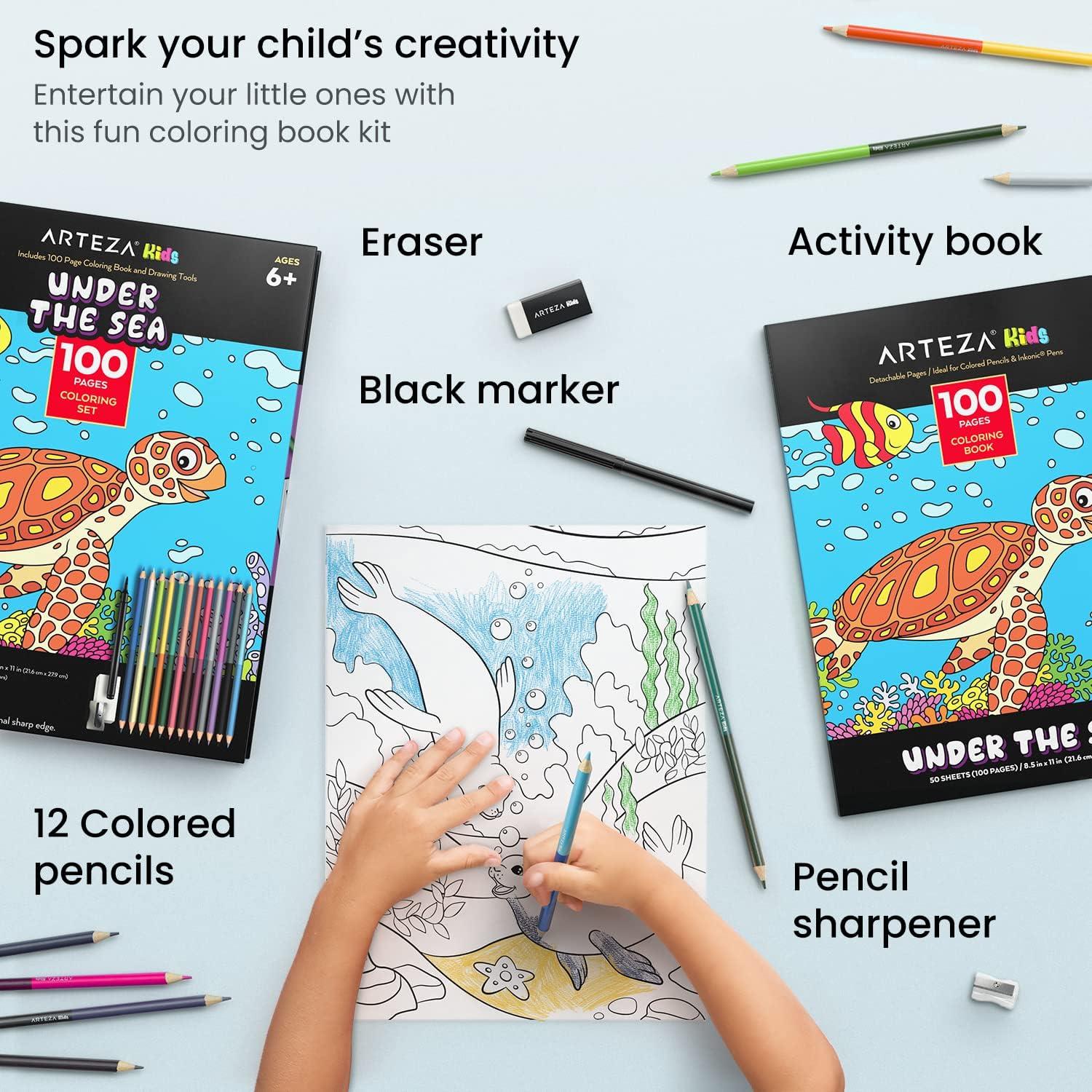 ARTEZA Kids Coloring Book and Colored Pencils Kit, 8.5×11 Inches, Sea Creature Illustrations, 50 Double-Sided Coloring Sheets, 100-lb Paper(Water Animals)