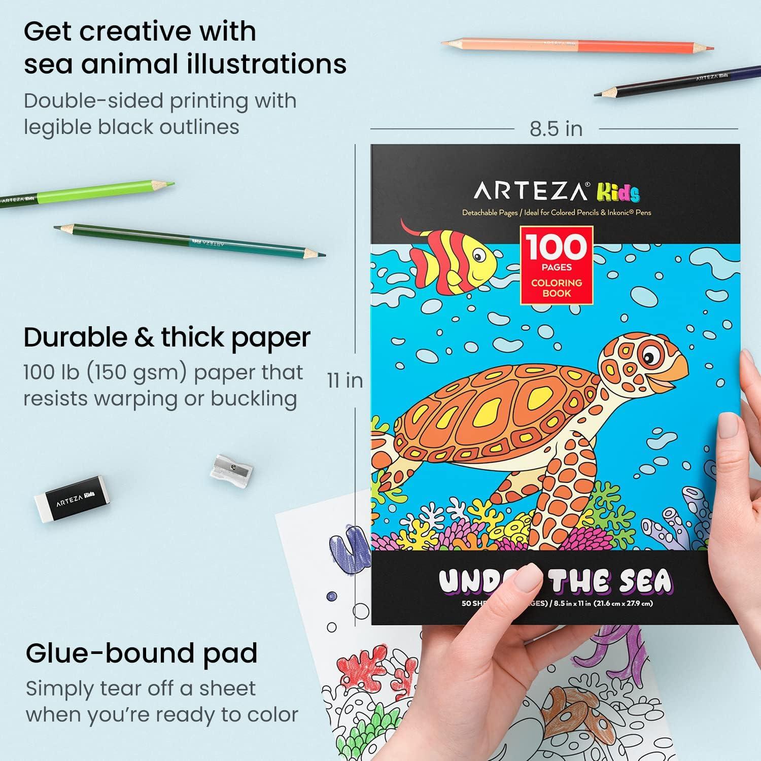 ARTEZA Kids Coloring Book and Colored Pencils Kit, 8.5×11 Inches, Sea Creature Illustrations, 50 Double-Sided Coloring Sheets, 100-lb Paper(Water Animals)