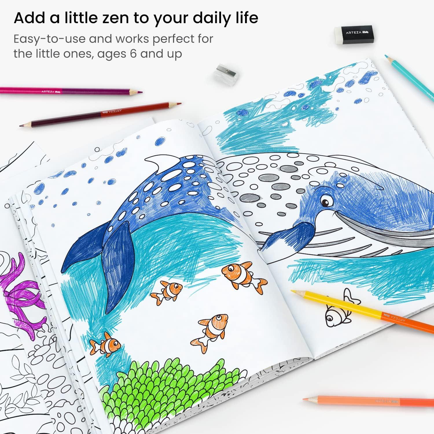 ARTEZA Kids Coloring Book and Colored Pencils Kit, 8.5×11 Inches, Sea Creature Illustrations, 50 Double-Sided Coloring Sheets, 100-lb Paper(Water Animals)