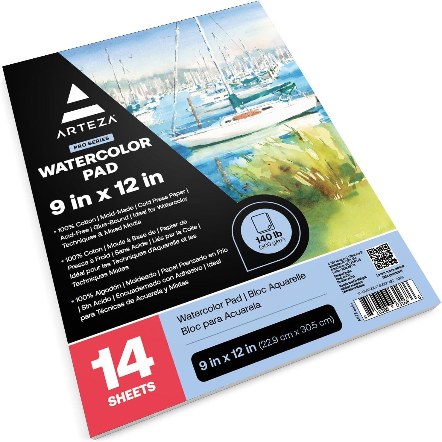 ARTEZA Watercolor Paper for Kids, 2 Pack, 30 Sheets Each, 9×12 Inches Water Pad, 135lb/200gsm, Glue Bound, Acid Free Kids Paper(14 Sheets (Cold-Pressed))