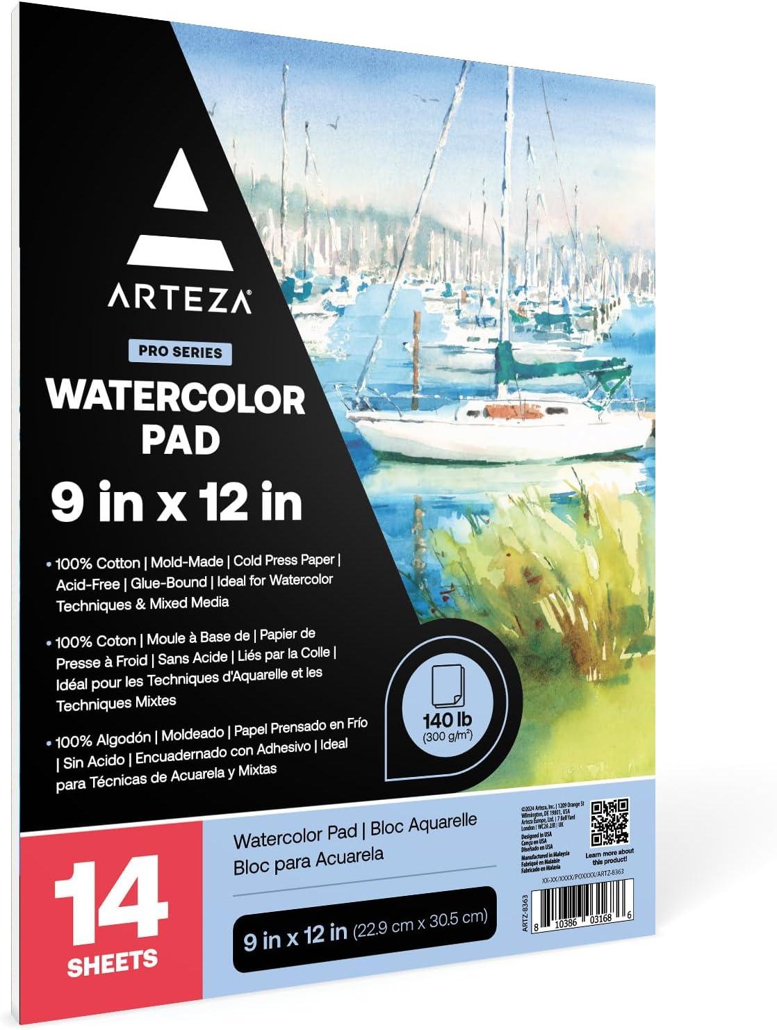ARTEZA Watercolor Paper for Kids, 2 Pack, 30 Sheets Each, 9×12 Inches Water Pad, 135lb/200gsm, Glue Bound, Acid Free Kids Paper(14 Sheets (Cold-Pressed))