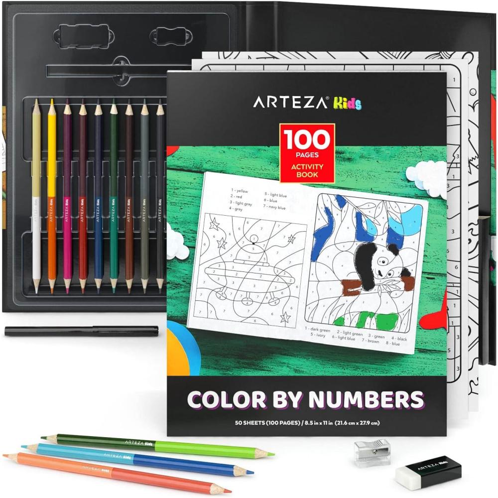 ARTEZA Kids Coloring Book and Colored Pencils Kit, 8.5×11 Inches, Sea Creature Illustrations, 50 Double-Sided Coloring Sheets, 100-lb Paper(Color-by-Number)