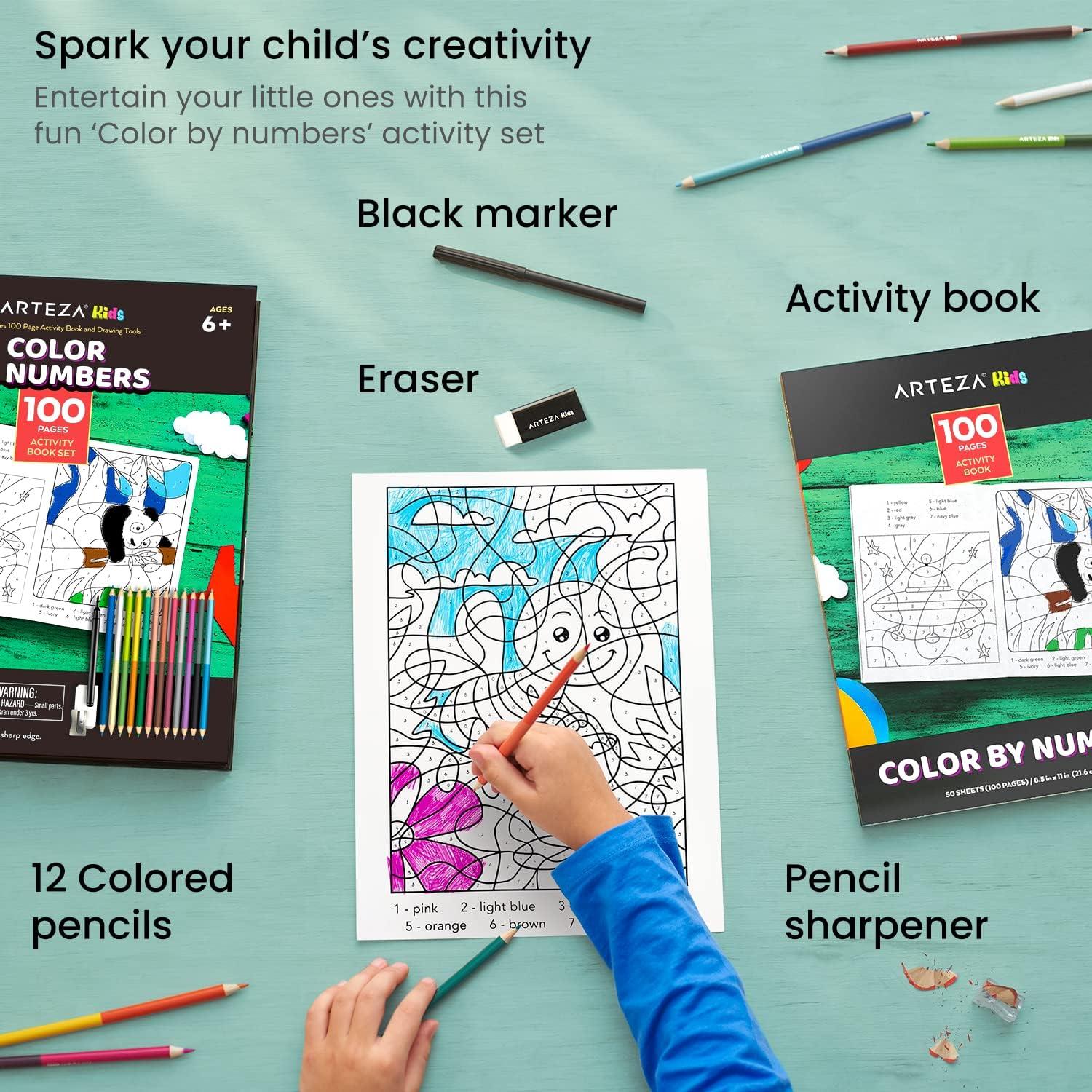 ARTEZA Kids Coloring Book and Colored Pencils Kit, 8.5×11 Inches, Sea Creature Illustrations, 50 Double-Sided Coloring Sheets, 100-lb Paper(Color-by-Number)