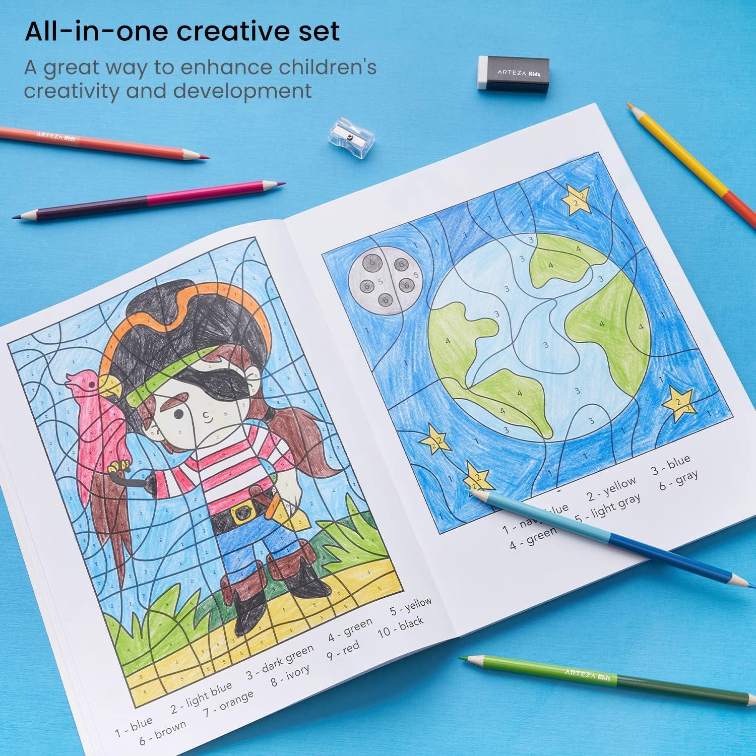 ARTEZA Kids Coloring Book and Colored Pencils Kit, 8.5×11 Inches, Sea Creature Illustrations, 50 Double-Sided Coloring Sheets, 100-lb Paper(Color-by-Number)