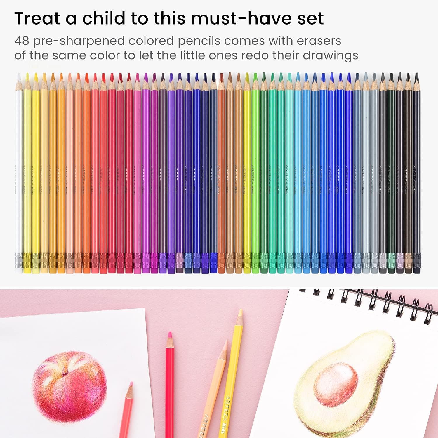 Arteza Kids Erasable Colored Pencils, Set of 48, Triangular Pencil Crayons, Pre-Sharpened, Art Supplies for School, Home, Doodling, and Drawing
