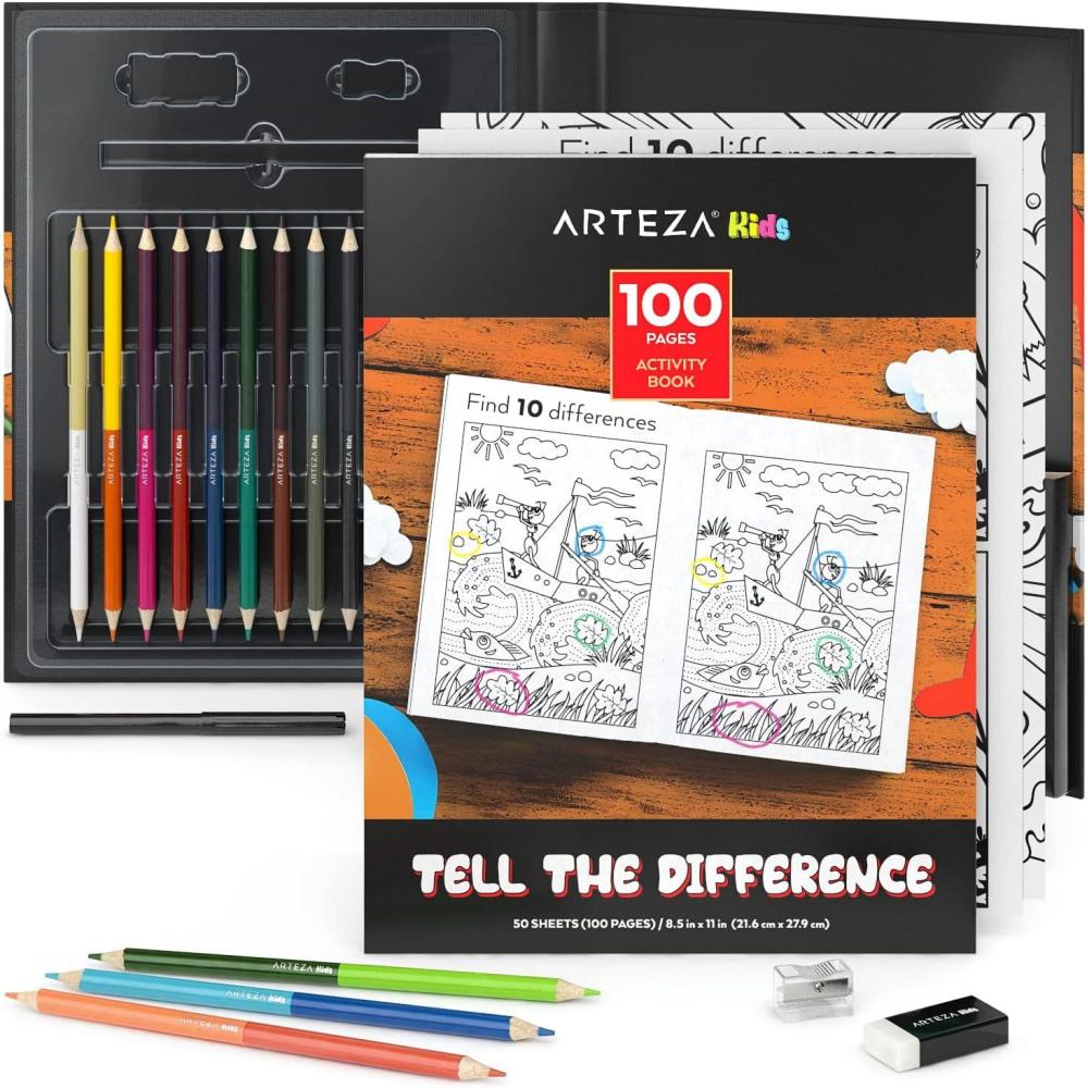ARTEZA Kids Coloring Book and Colored Pencils Kit, 8.5×11 Inches, Sea Creature Illustrations, 50 Double-Sided Coloring Sheets, 100-lb Paper(Spot the Difference)