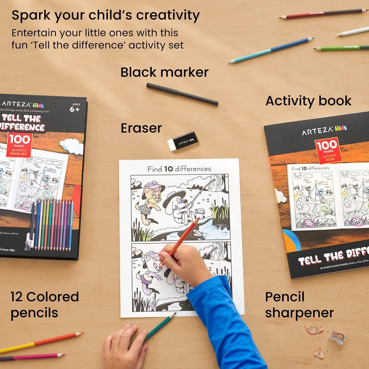 ARTEZA Kids Coloring Book and Colored Pencils Kit, 8.5×11 Inches, Sea Creature Illustrations, 50 Double-Sided Coloring Sheets, 100-lb Paper(Spot the Difference)