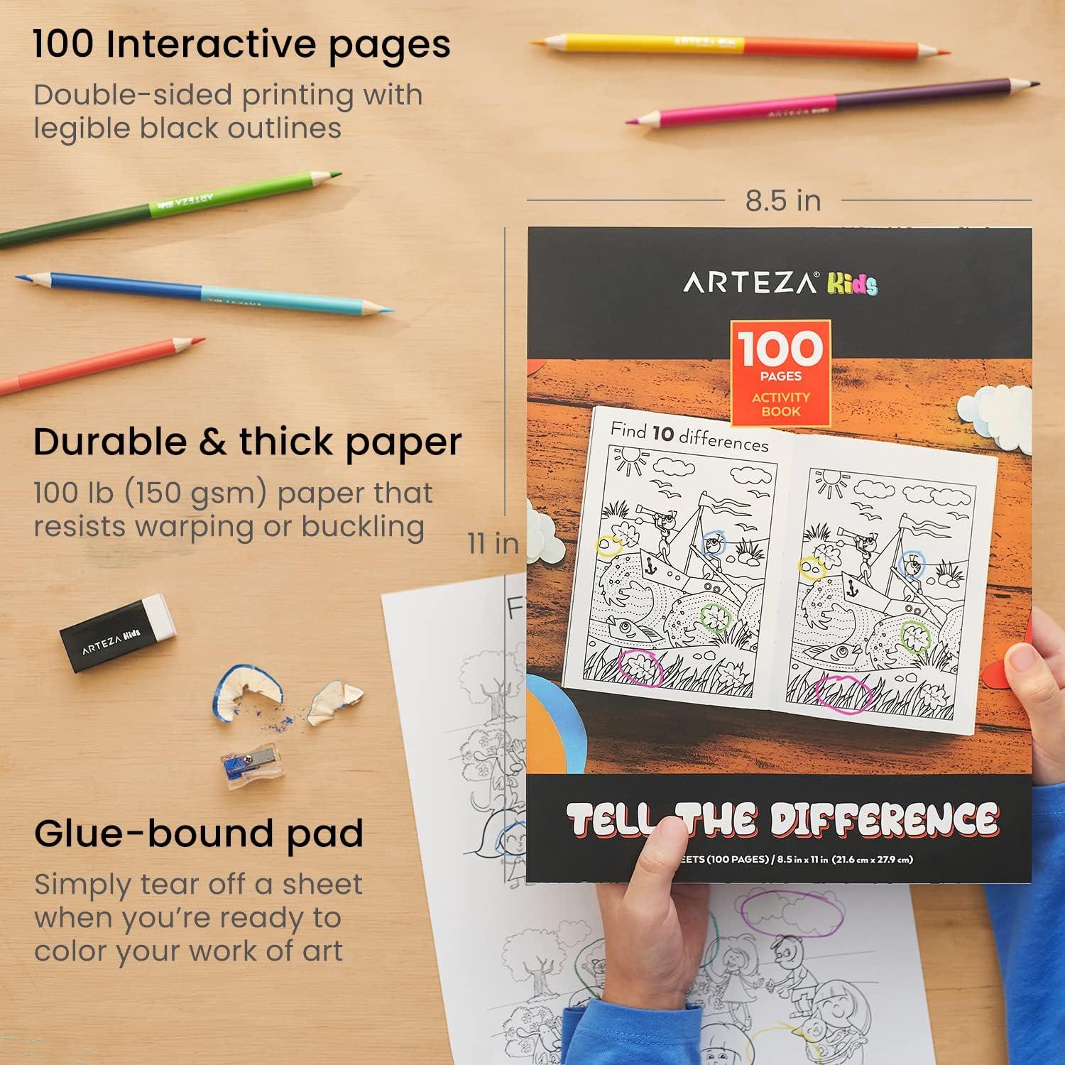 ARTEZA Kids Coloring Book and Colored Pencils Kit, 8.5×11 Inches, Sea Creature Illustrations, 50 Double-Sided Coloring Sheets, 100-lb Paper(Spot the Difference)