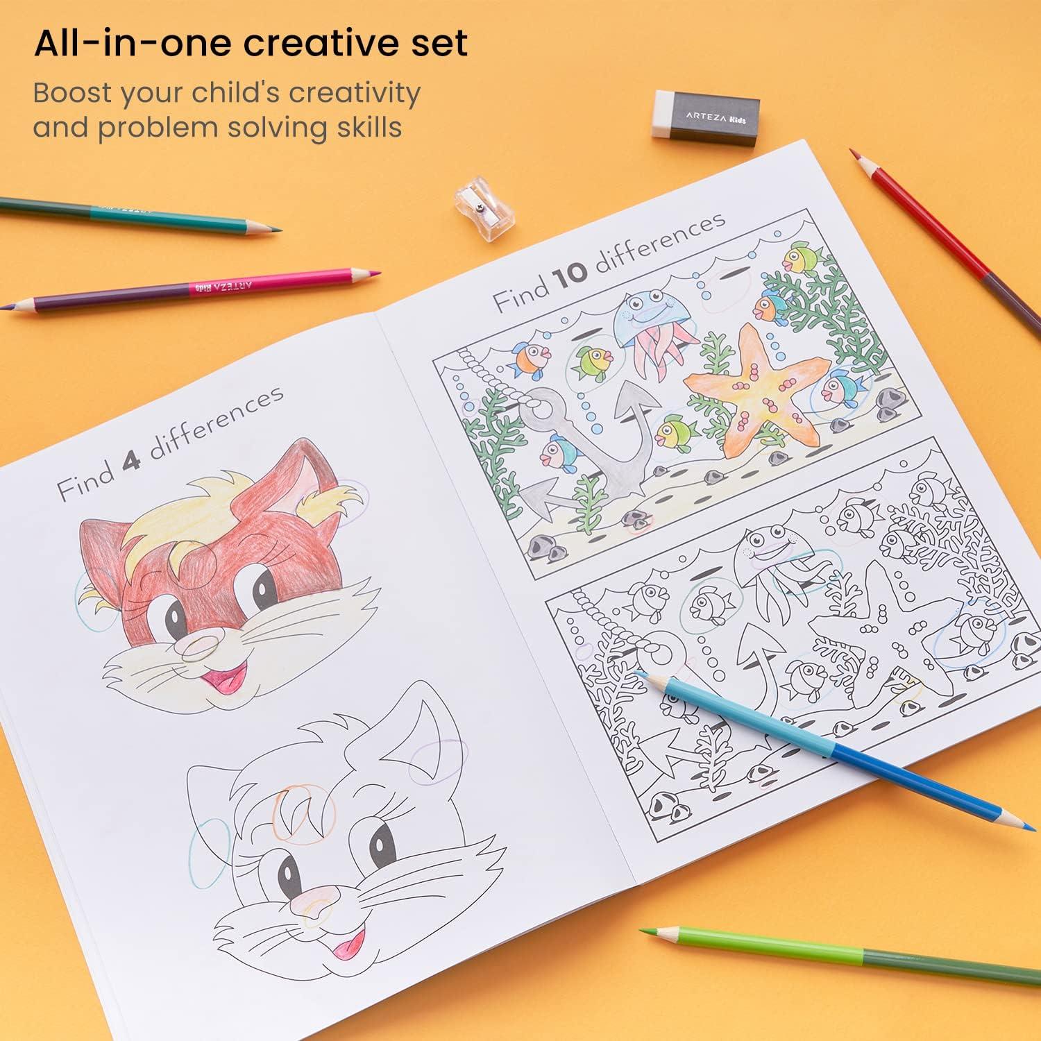 ARTEZA Kids Coloring Book and Colored Pencils Kit, 8.5×11 Inches, Sea Creature Illustrations, 50 Double-Sided Coloring Sheets, 100-lb Paper(Spot the Difference)