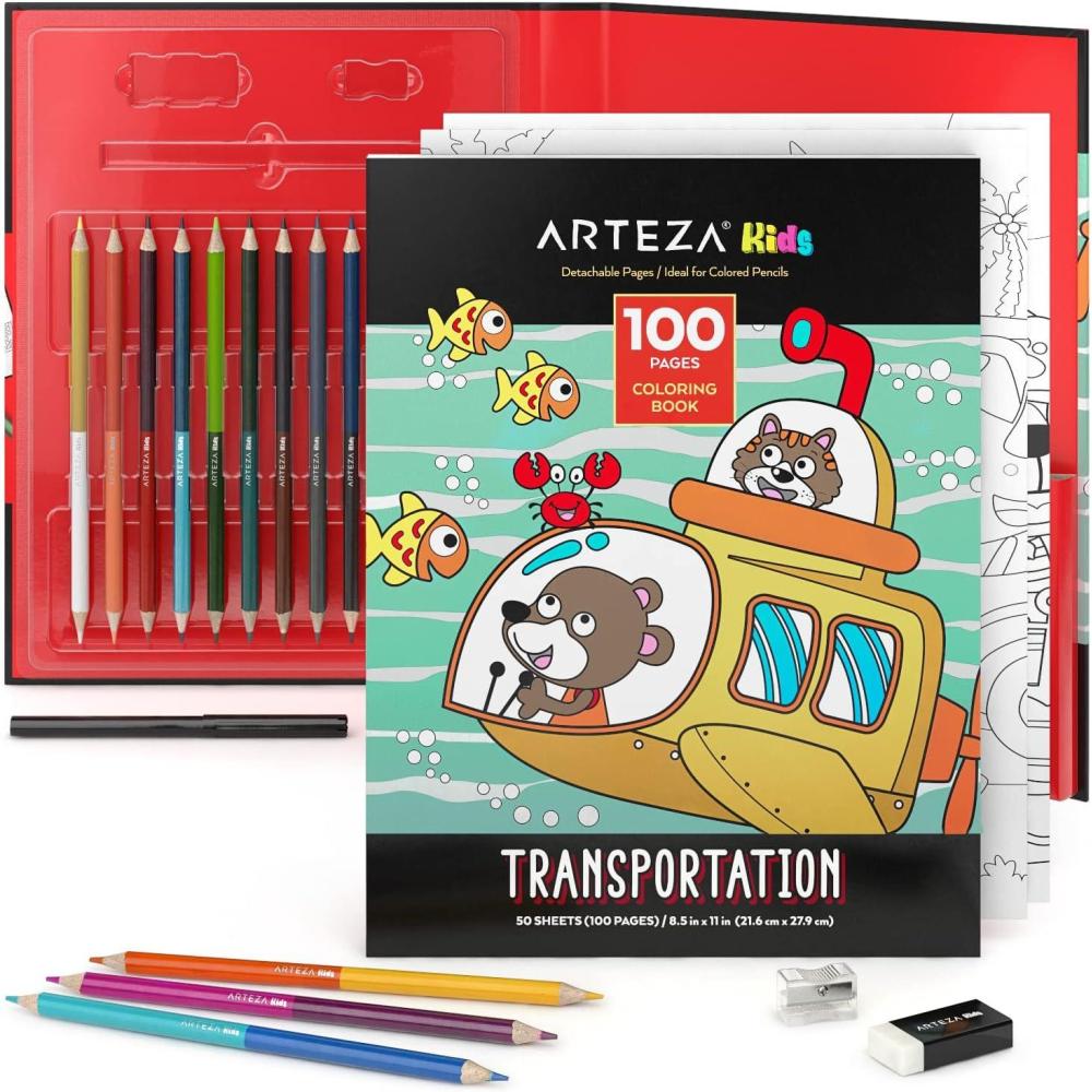 ARTEZA Kids Coloring Book and Colored Pencils Kit, 8.5×11 Inches, Sea Creature Illustrations, 50 Double-Sided Coloring Sheets, 100-lb Paper(Transportation Illustrations)