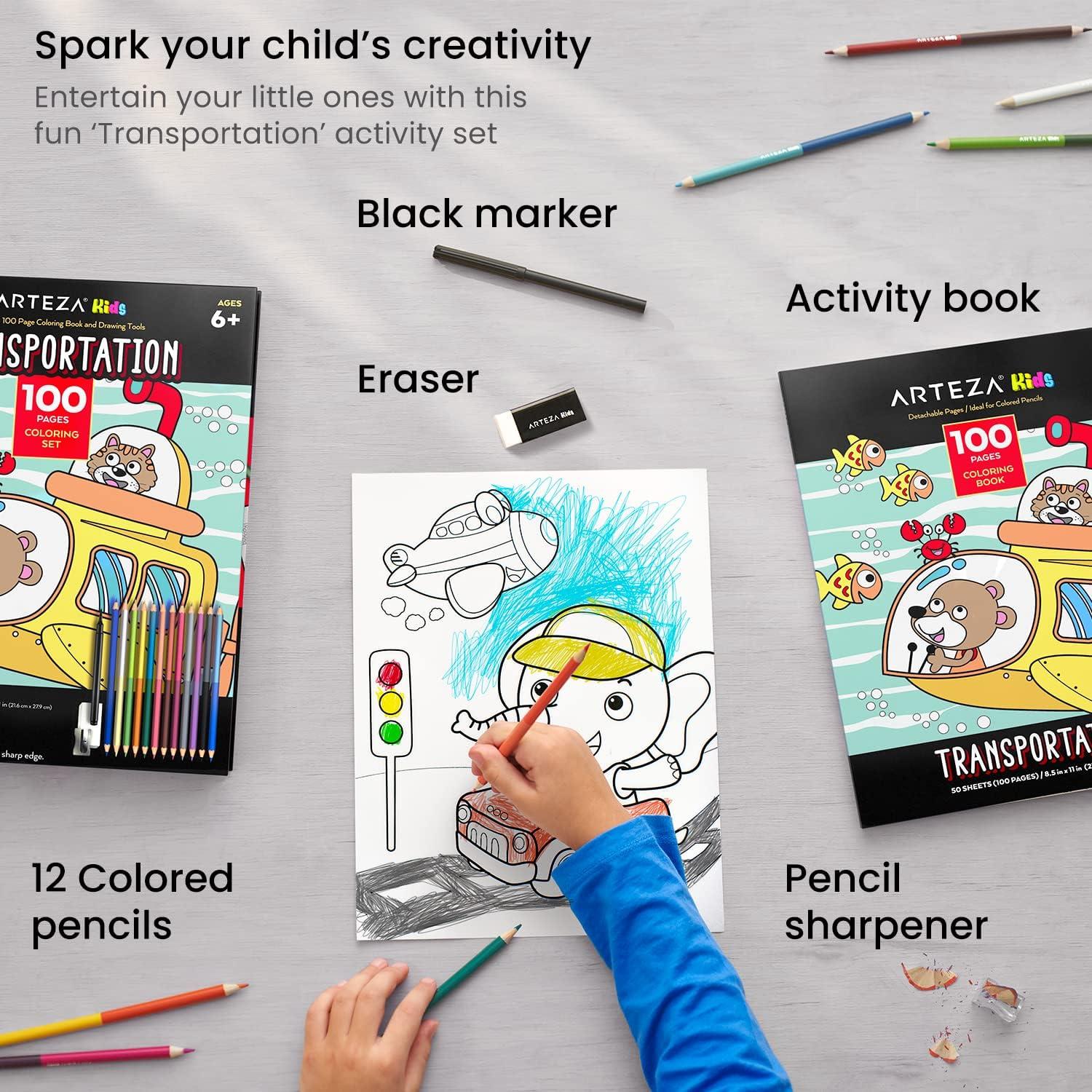 ARTEZA Kids Coloring Book and Colored Pencils Kit, 8.5×11 Inches, Sea Creature Illustrations, 50 Double-Sided Coloring Sheets, 100-lb Paper(Transportation Illustrations)