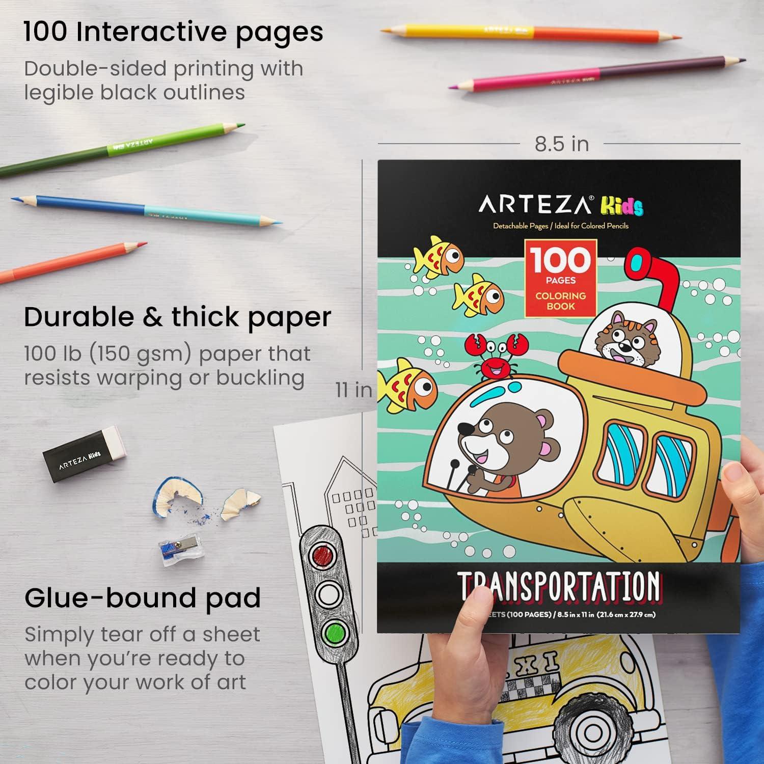 ARTEZA Kids Coloring Book and Colored Pencils Kit, 8.5×11 Inches, Sea Creature Illustrations, 50 Double-Sided Coloring Sheets, 100-lb Paper(Transportation Illustrations)
