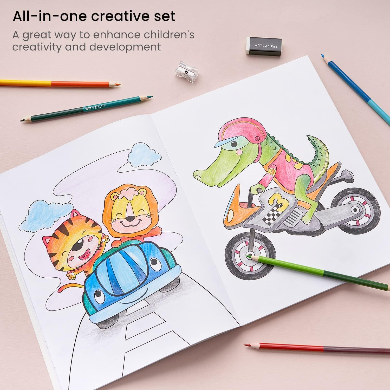 ARTEZA Kids Coloring Book and Colored Pencils Kit, 8.5×11 Inches, Sea Creature Illustrations, 50 Double-Sided Coloring Sheets, 100-lb Paper(Transportation Illustrations)