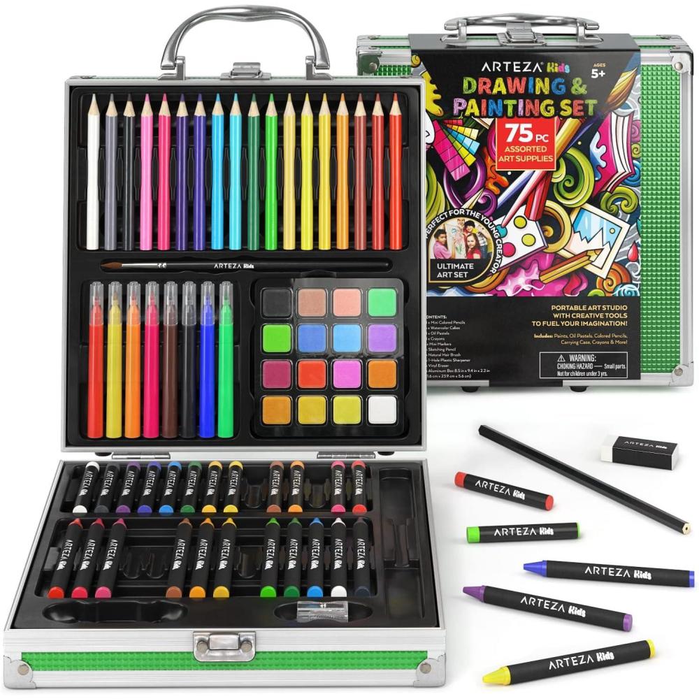 ARTEZA Kids Painting & Drawing Kit, 75-Piece Bundle, 18 Mini Colored Pencils, 16 Watercolor Paints, 14 Oil Pastels, 14 Crayons(Green)