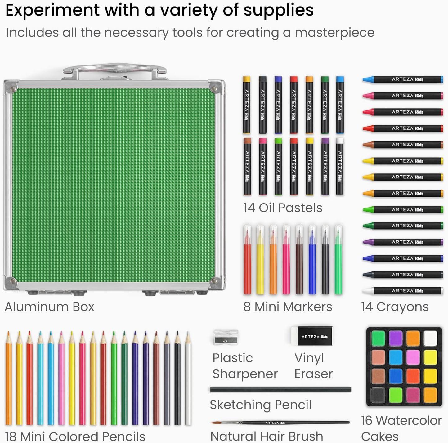 ARTEZA Kids Painting & Drawing Kit, 75-Piece Bundle, 18 Mini Colored Pencils, 16 Watercolor Paints, 14 Oil Pastels, 14 Crayons(Green)