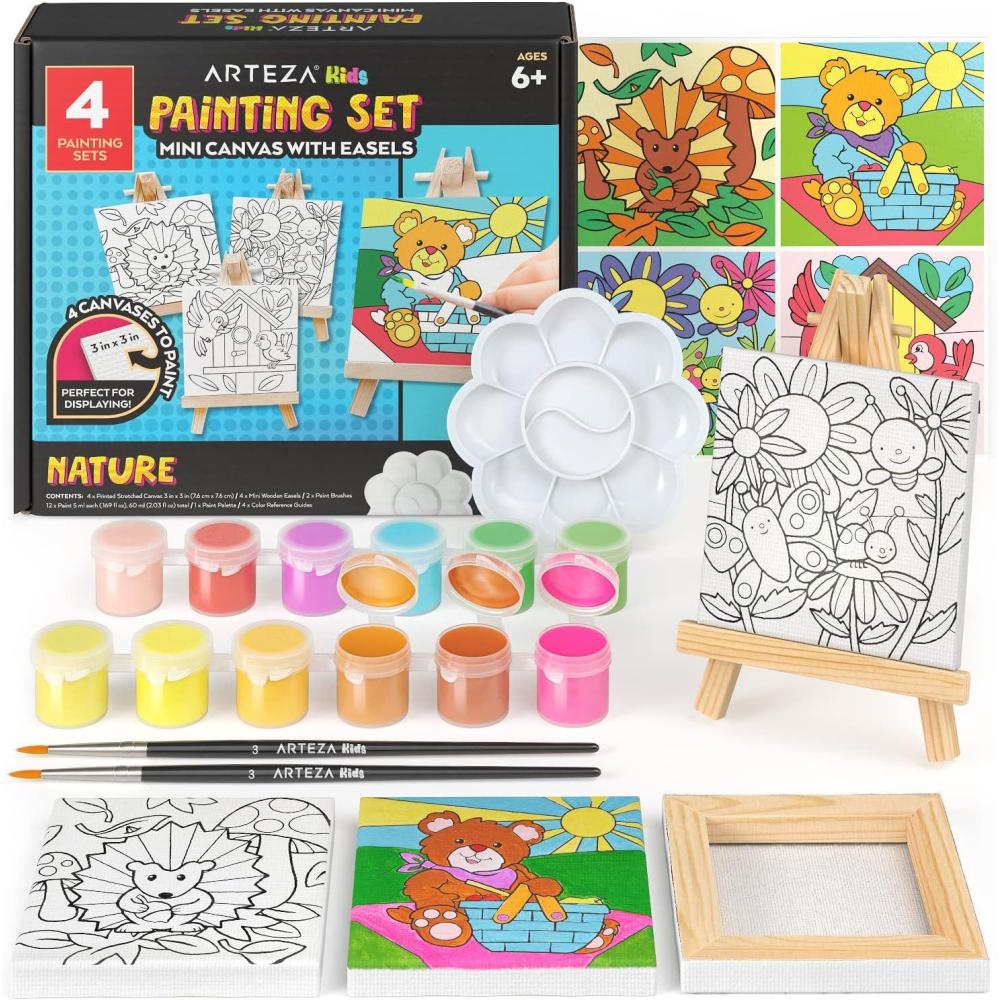 Arteza Kids Nature Painting Kit, 4 Canvases 3 x 3 Inches, 4 Easels, 12 Acrylic Paints, 2 Paint Brushes, 1 Palette, Kids Activities for Ages 6 and Up(Nature)