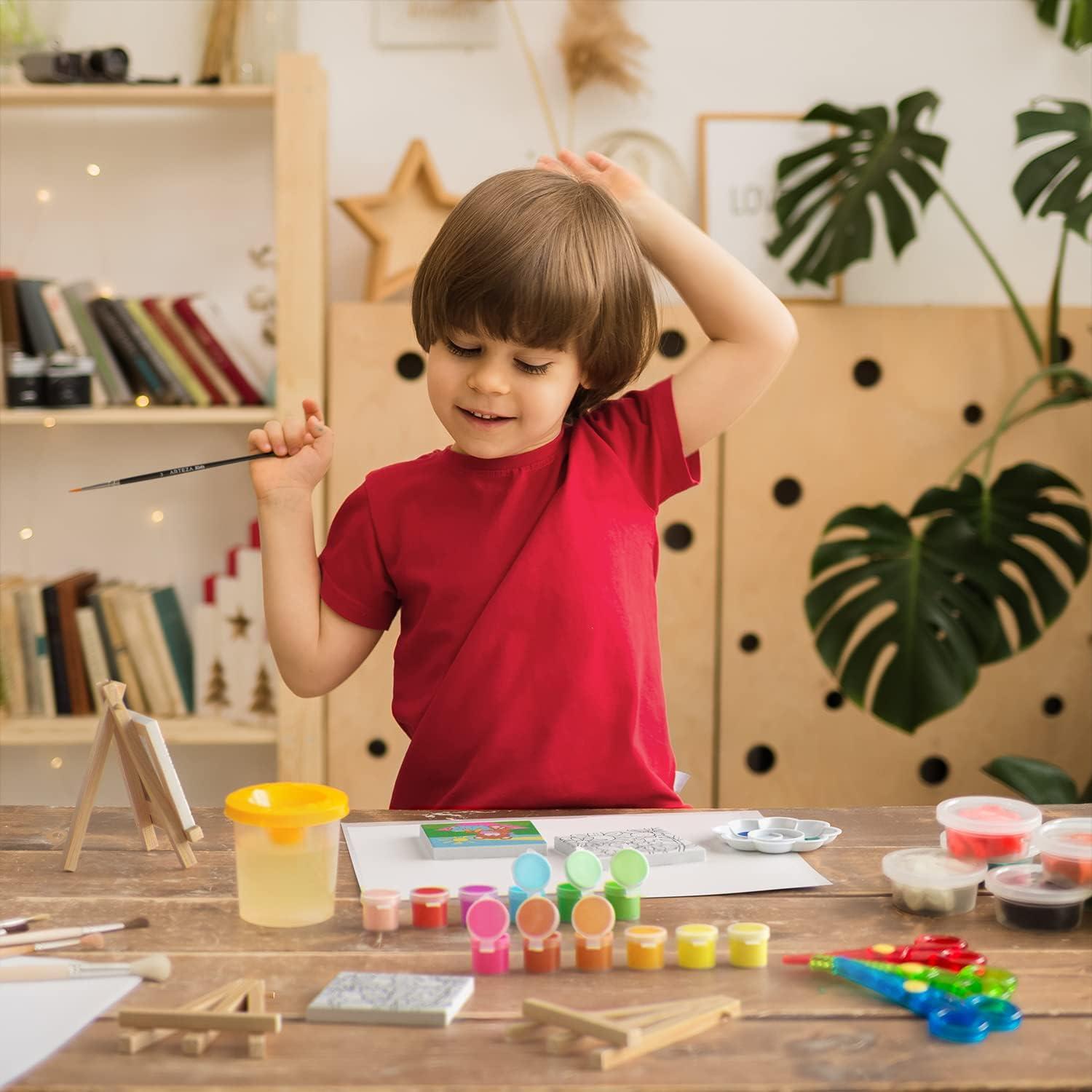 Arteza Kids Nature Painting Kit, 4 Canvases 3 x 3 Inches, 4 Easels, 12 Acrylic Paints, 2 Paint Brushes, 1 Palette, Kids Activities for Ages 6 and Up(Nature)