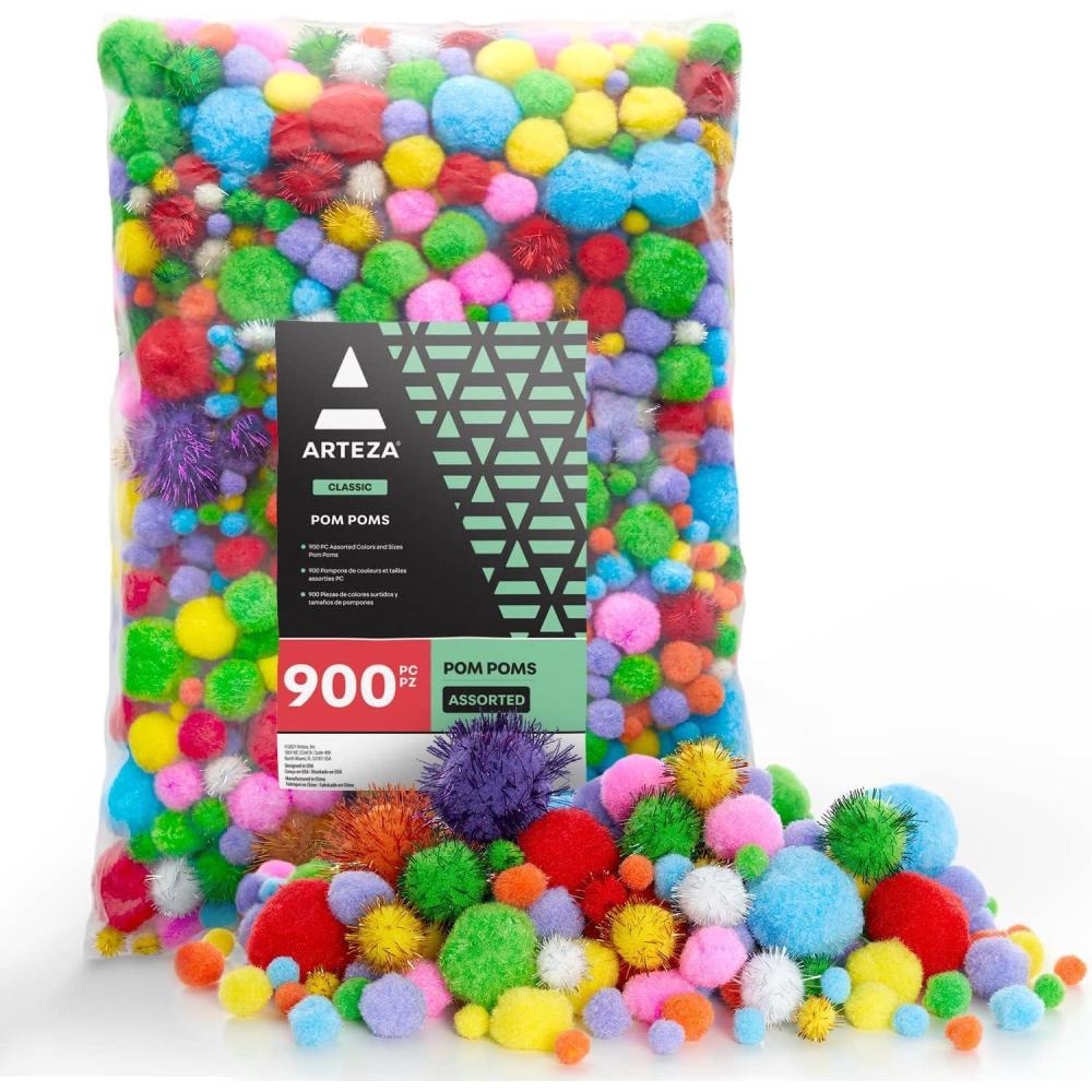 ARTEZA Pom-Poms, 900 Pieces, Assorted Colors and Sizes, Craft Supplies and Materials for Sewing Projects, and DIY Crafts(1 Pack)