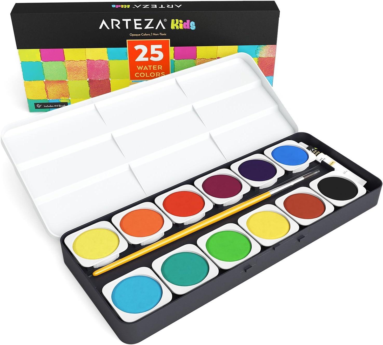 ARTEZA Watercolor Paint Set for Kids, 25 Water Colors, Watercolor Set Includes Paint Brush, Watercolor Supplies for Kids