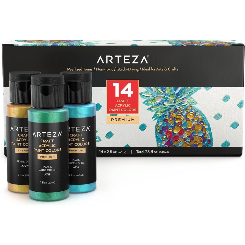 Arteza Pearlescent Acrylic Paint Set of 14, 2 fl oz Bottles, Quick-Drying Pearl Craft Paint, Art Supplies for Paper, Canvas, Wood, Glass Paper