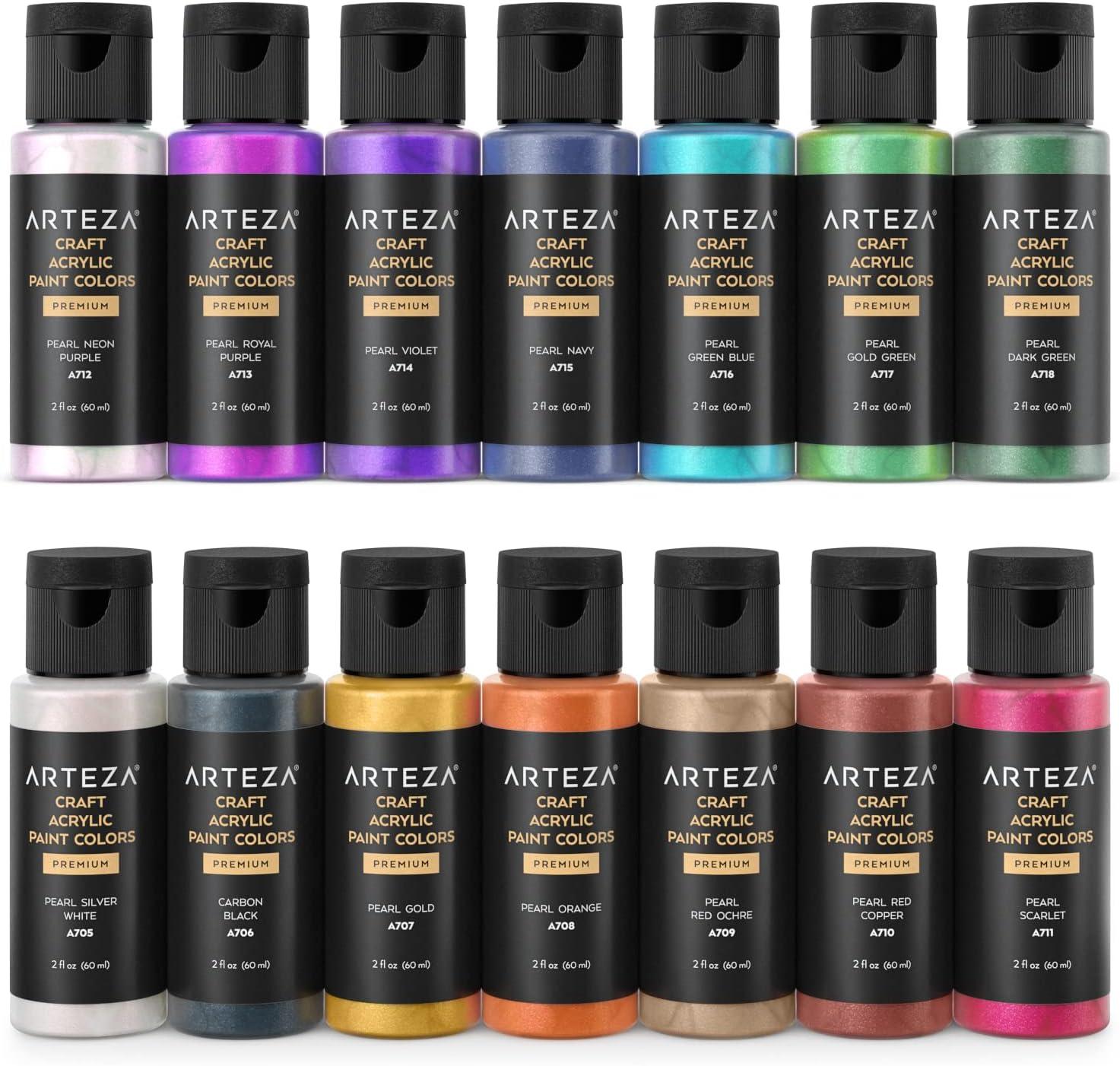 Arteza Pearlescent Acrylic Paint Set of 14, 2 fl oz Bottles, Quick-Drying Pearl Craft Paint, Art Supplies for Paper, Canvas, Wood, Glass Paper