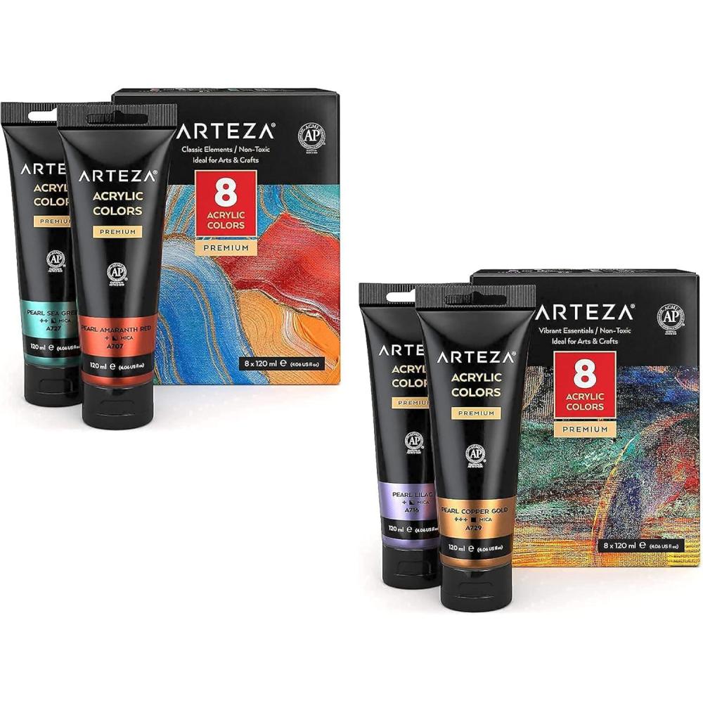 ARTEZA Metallic Acrylic Paint Set of 8 Classic Elements and Set of 8 Vibrant Essentials Tones Bundle, Painting Art Supplies for Artist, Hobby Painters & Beginners