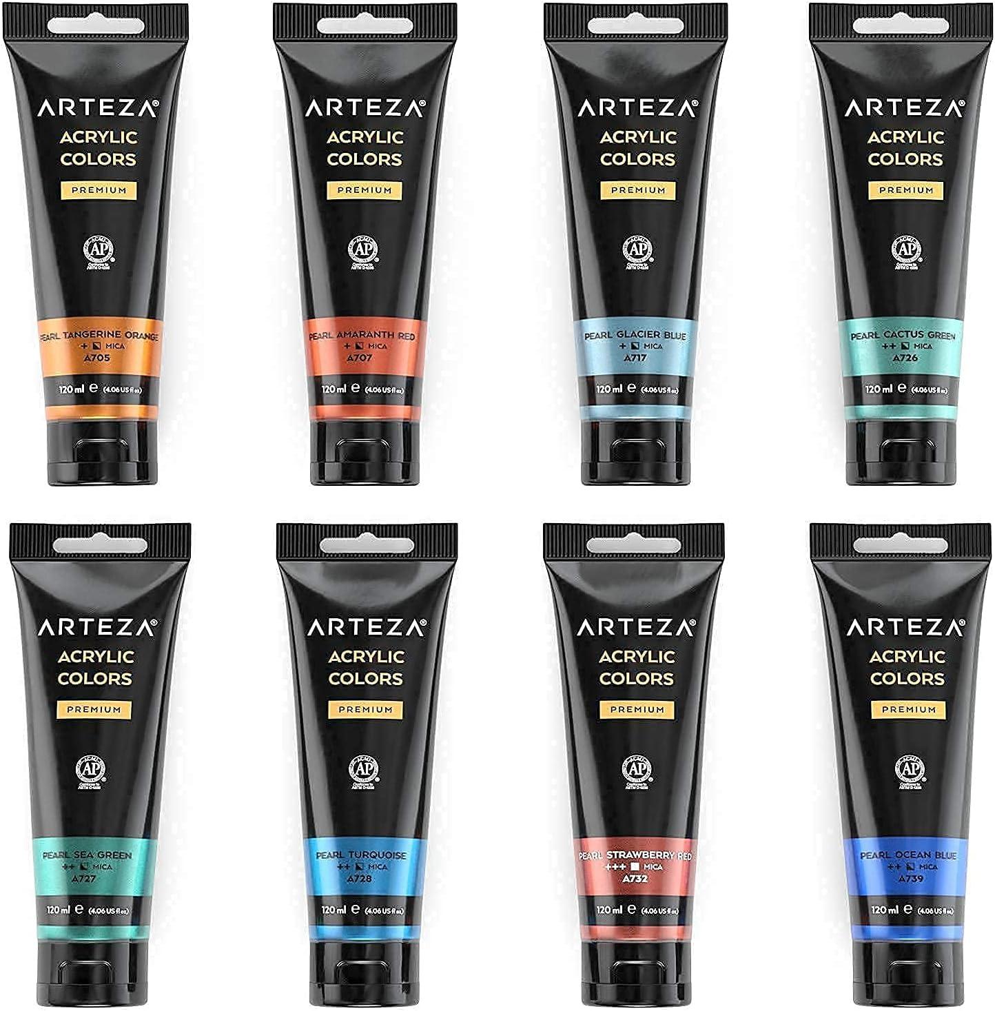 ARTEZA Metallic Acrylic Paint Set of 8 Classic Elements and Set of 8 Vibrant Essentials Tones Bundle, Painting Art Supplies for Artist, Hobby Painters & Beginners
