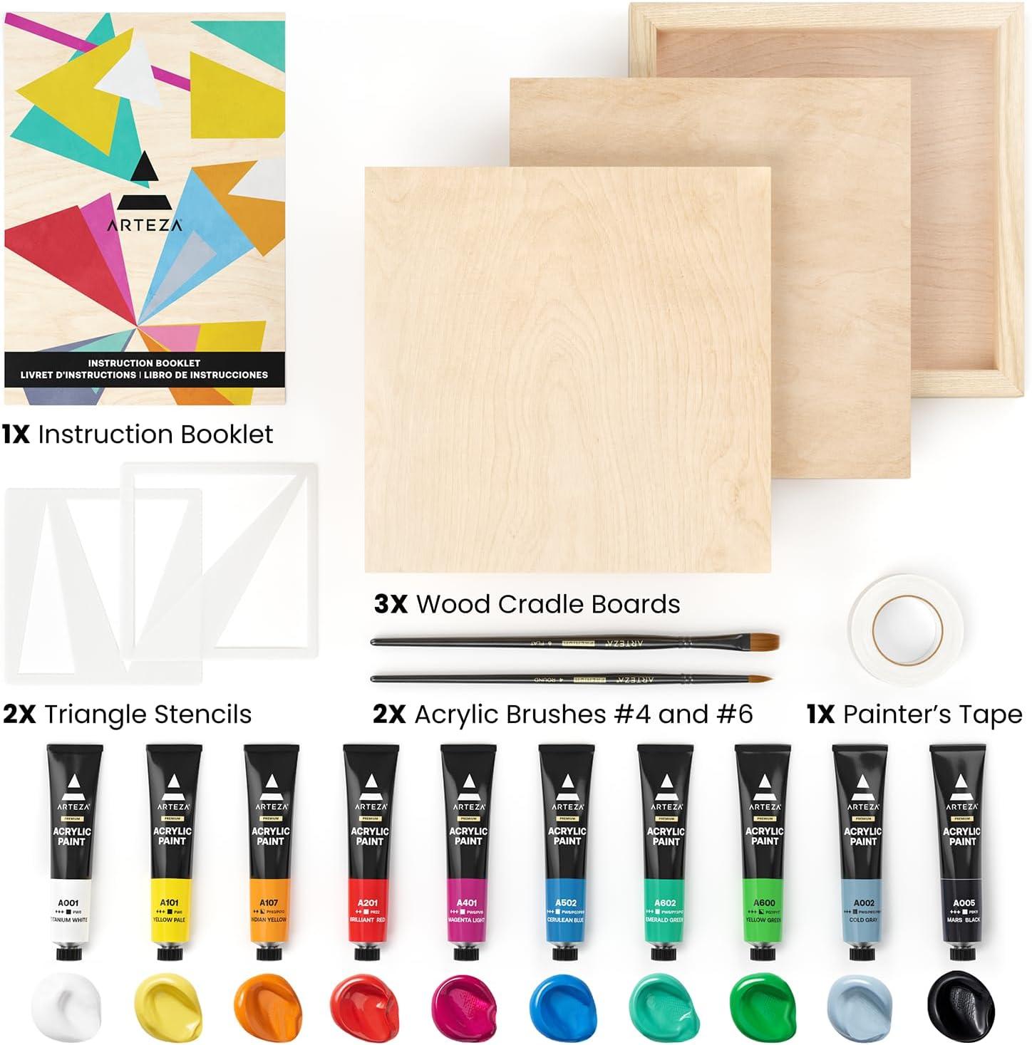ARTEZA Wood Painting Set with Acrylic Paint, Foam Paint Brushes for Acrylic Painting, Stencils, Wood Canvas Cradle Art Boards & Painter’s Tape, Experience Box for Home Decor, Painting & Drawing